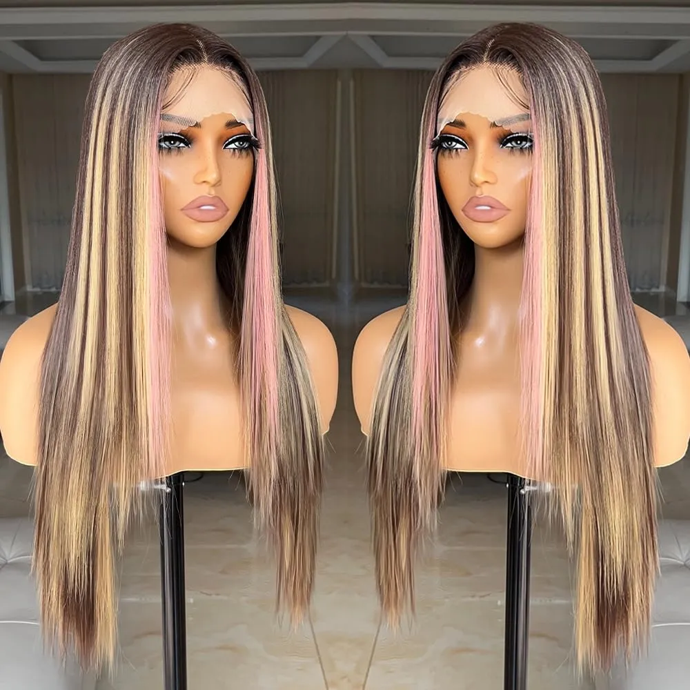 Pink Highlight Wig Lace Front Wigs Glueless Wig Long Straight Wigs for Women Pre Plucked with Baby Hair 26 Inch Pink Color Forehead Synthetic Lace Front Wig