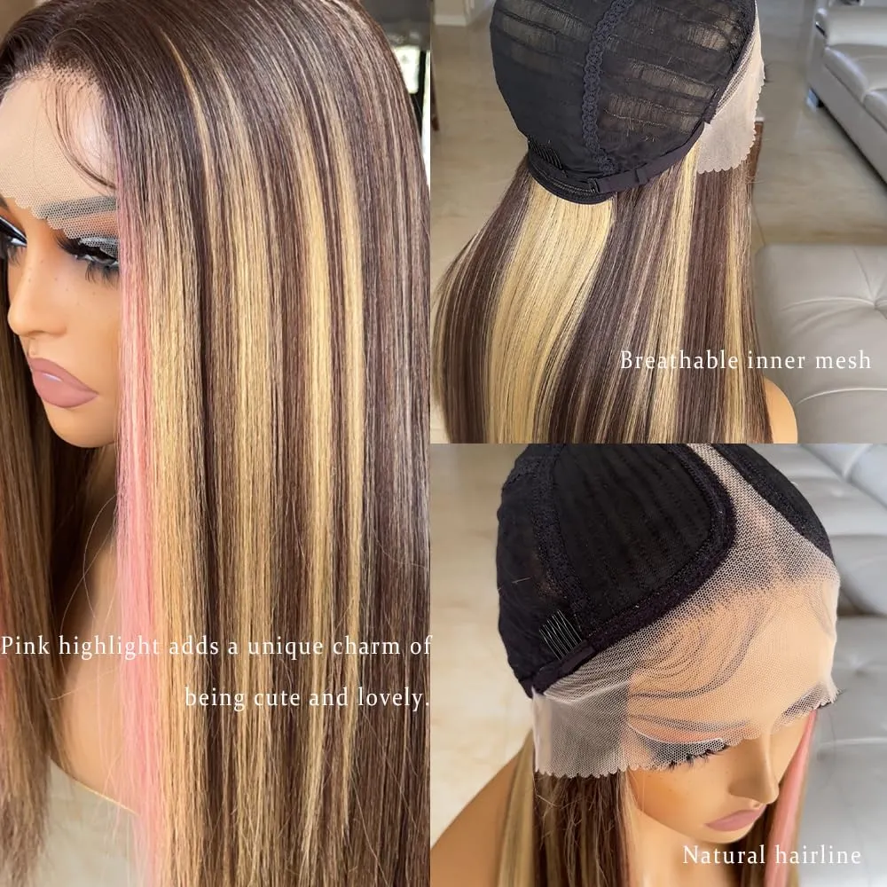 Pink Highlight Wig Lace Front Wigs Glueless Wig Long Straight Wigs for Women Pre Plucked with Baby Hair 26 Inch Pink Color Forehead Synthetic Lace Front Wig