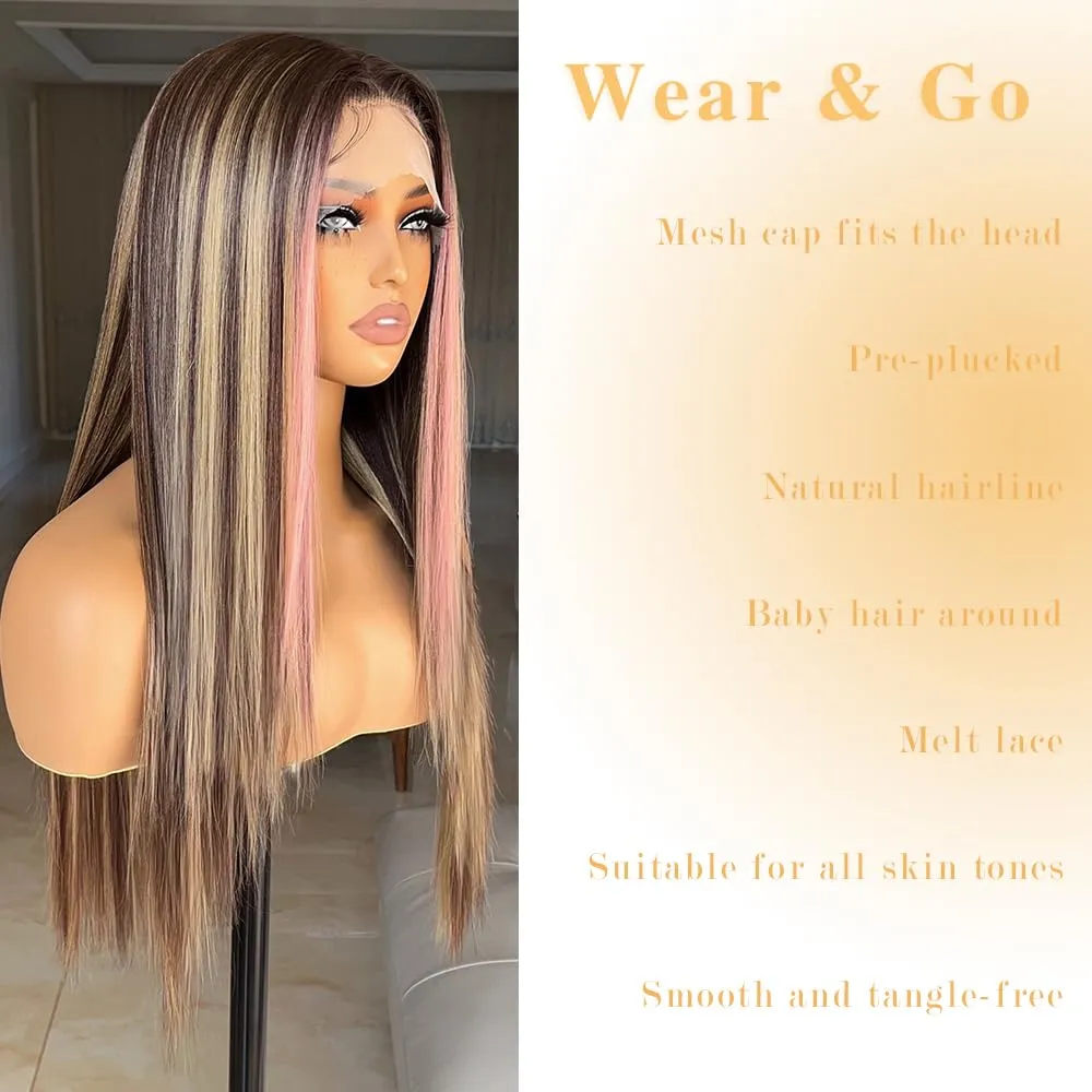 Pink Highlight Wig Lace Front Wigs Glueless Wig Long Straight Wigs for Women Pre Plucked with Baby Hair 26 Inch Pink Color Forehead Synthetic Lace Front Wig