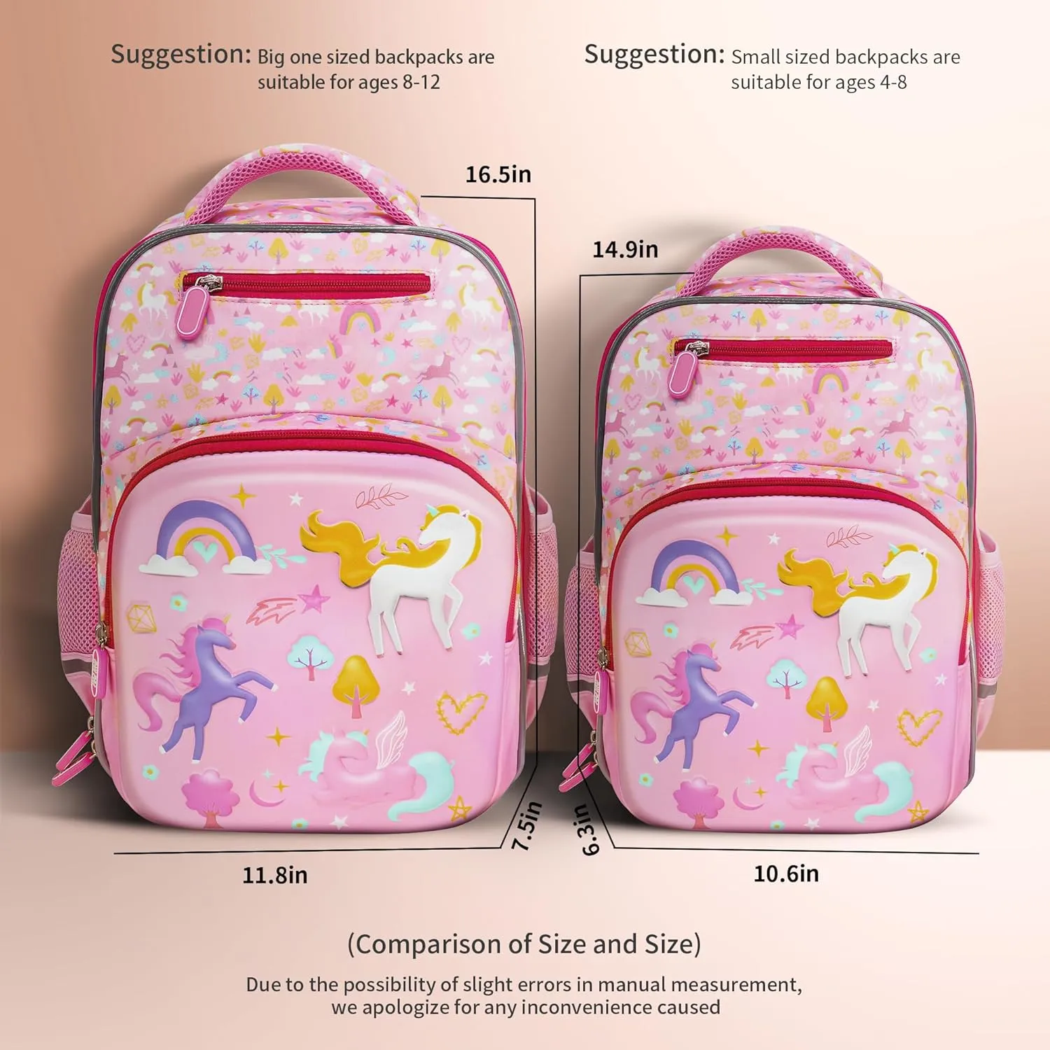 pink large capacity waterproof ergonomic kids unicorn travel backpack ，for school girls 6-12,16.5 inches