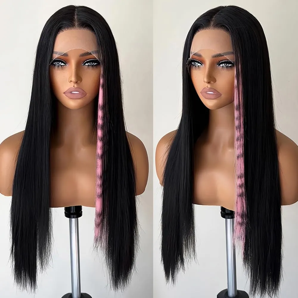 Pink Print Wig Lace Front Wigs Glueless Wig Leopard Print Straight Wigs for Women Pre Plucked with Baby Hair 26 Inch Pink Color Forehead Synthetic Lace Front Wig