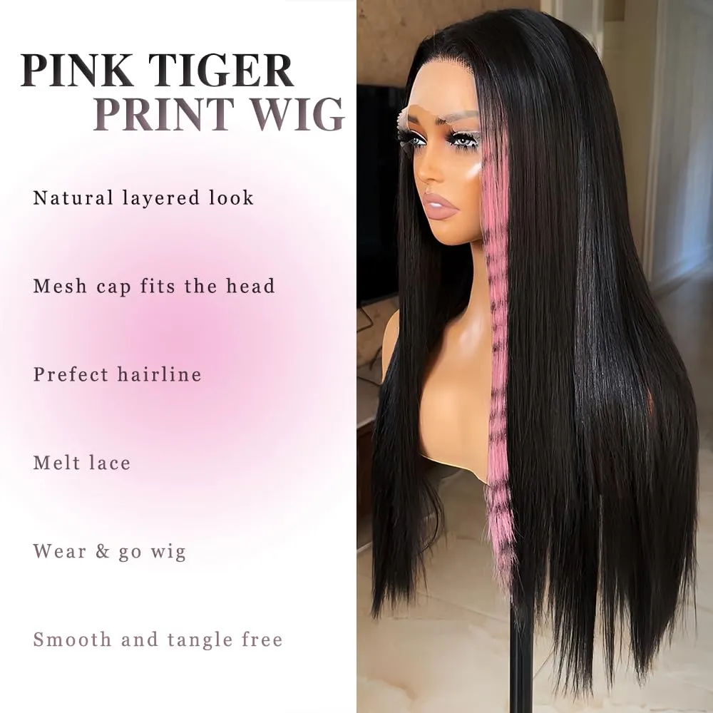 Pink Print Wig Lace Front Wigs Glueless Wig Leopard Print Straight Wigs for Women Pre Plucked with Baby Hair 26 Inch Pink Color Forehead Synthetic Lace Front Wig
