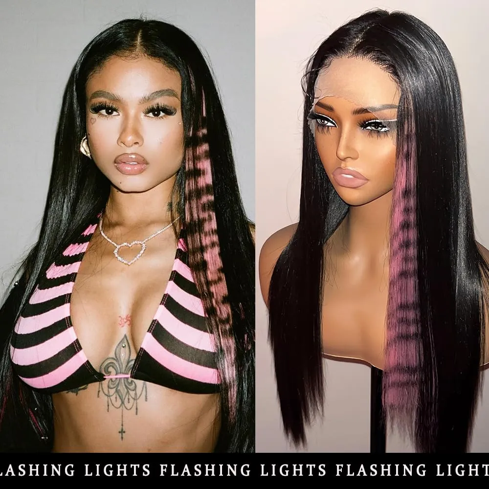 Pink Print Wig Lace Front Wigs Glueless Wig Leopard Print Straight Wigs for Women Pre Plucked with Baby Hair 26 Inch Pink Color Forehead Synthetic Lace Front Wig