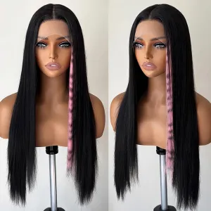 Pink Print Wig Lace Front Wigs Glueless Wig Leopard Print Straight Wigs for Women Pre Plucked with Baby Hair 26 Inch Pink Color Forehead Synthetic Lace Front Wig