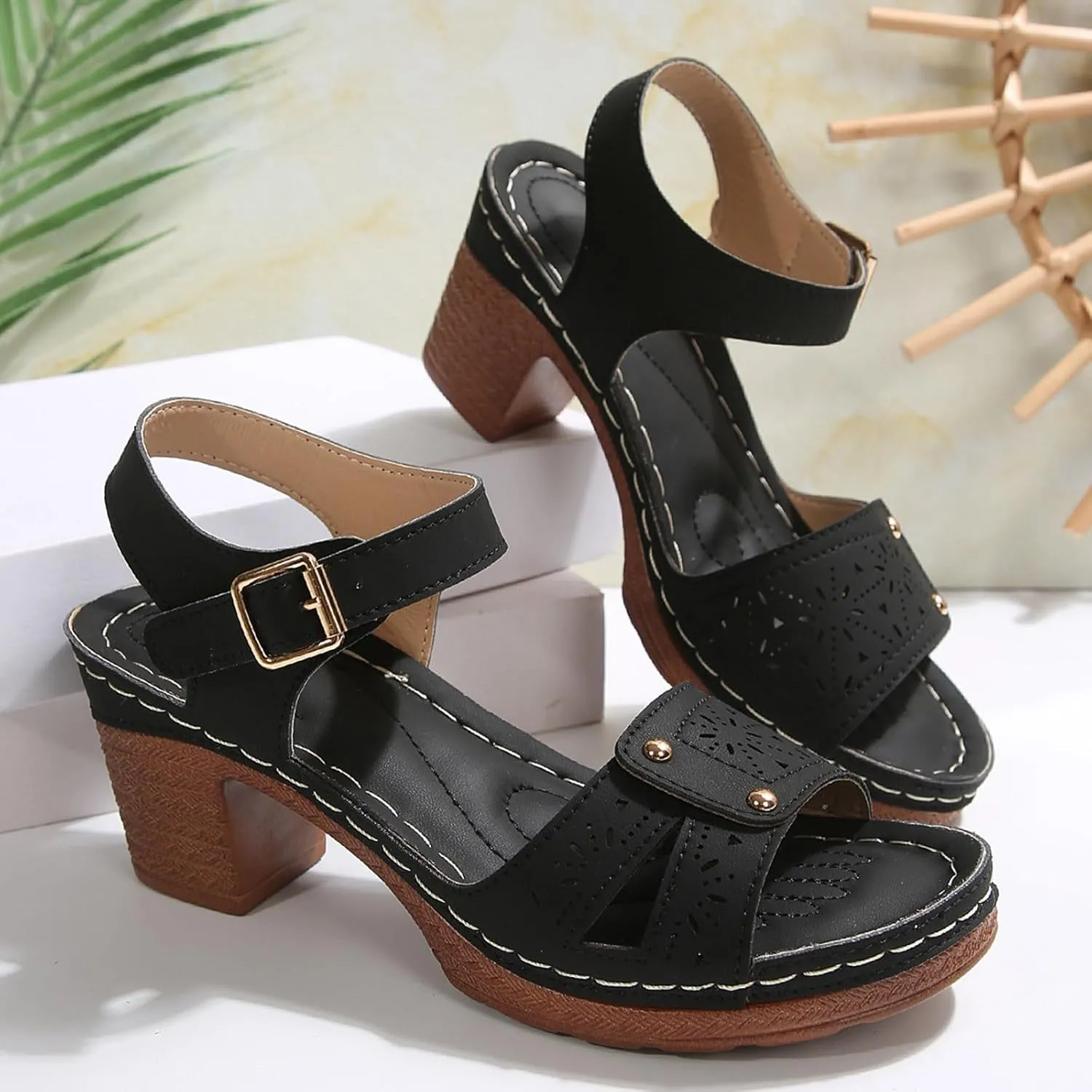 Platform Sandals for Women Dressy Arch Support Ankle Strap Wedge Sandals Comfortable Orthopedic Sandal Casual Hollow Out Open Toe Breathable Shoes with Adjustable Strappy Beach Walking Shoes