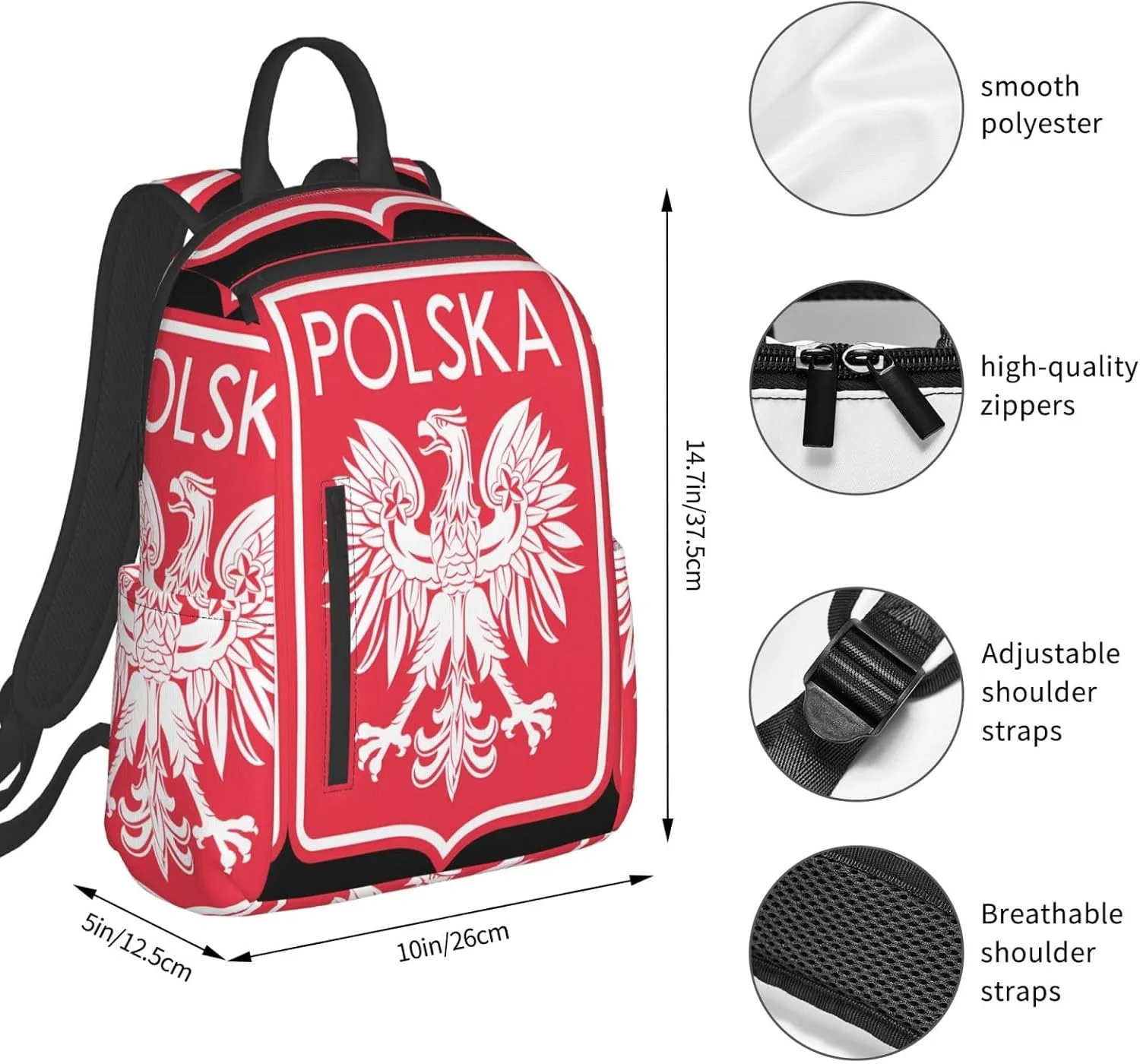 Polish Flag Poland Polska Eagle Travel Backpacks Casual Laptop Backpack Sport Rucksack Large Capacity Daypack Multi-Pockets Adjustable Strap Bag for Working Hiking