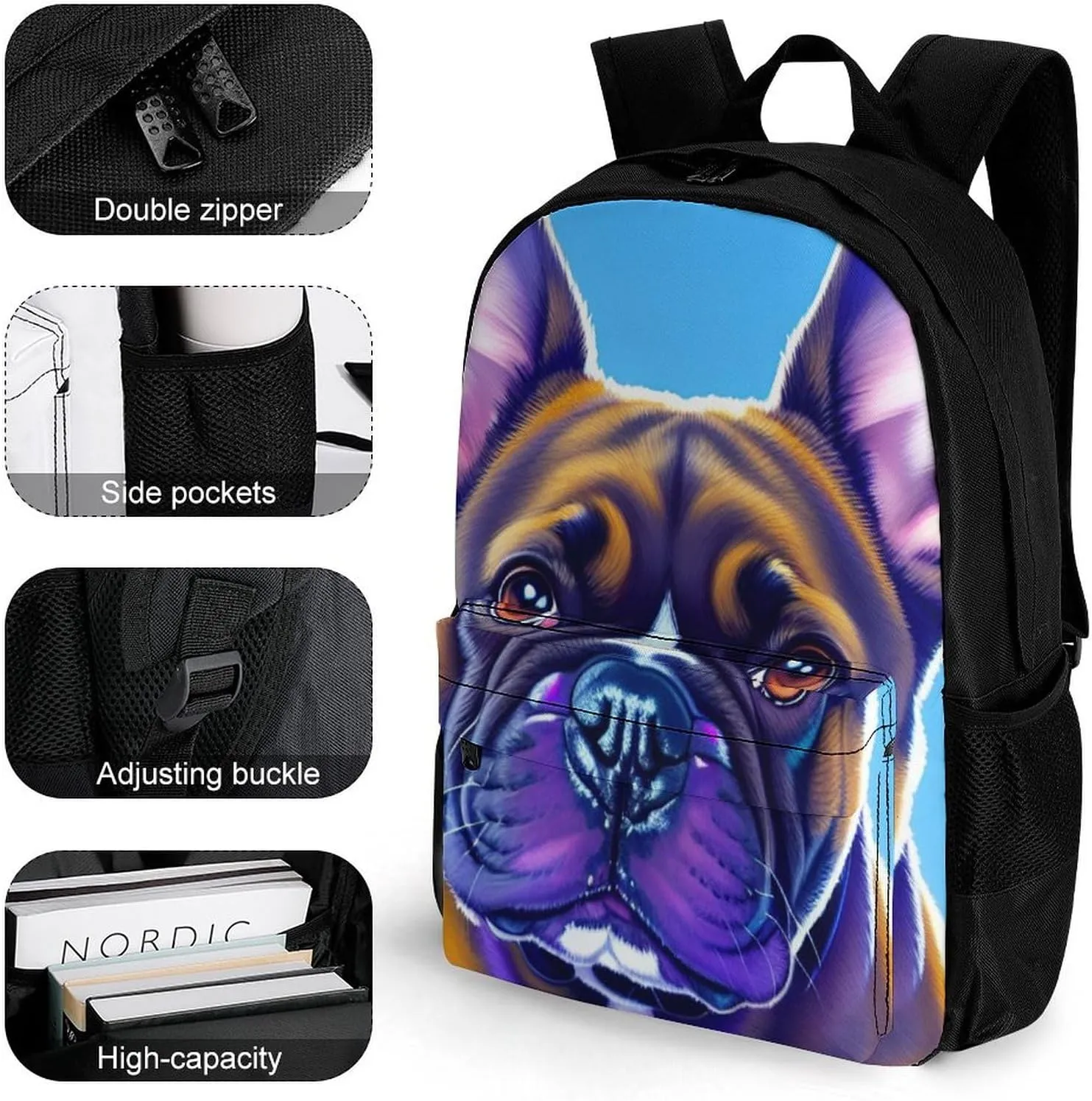Polyester Daypack Backpack for Trekking Picnic Walking Cycling - Large Capacity Anti-Theft Multipurpose Shoulder Bag, French Bulldog Art Casual Daypack