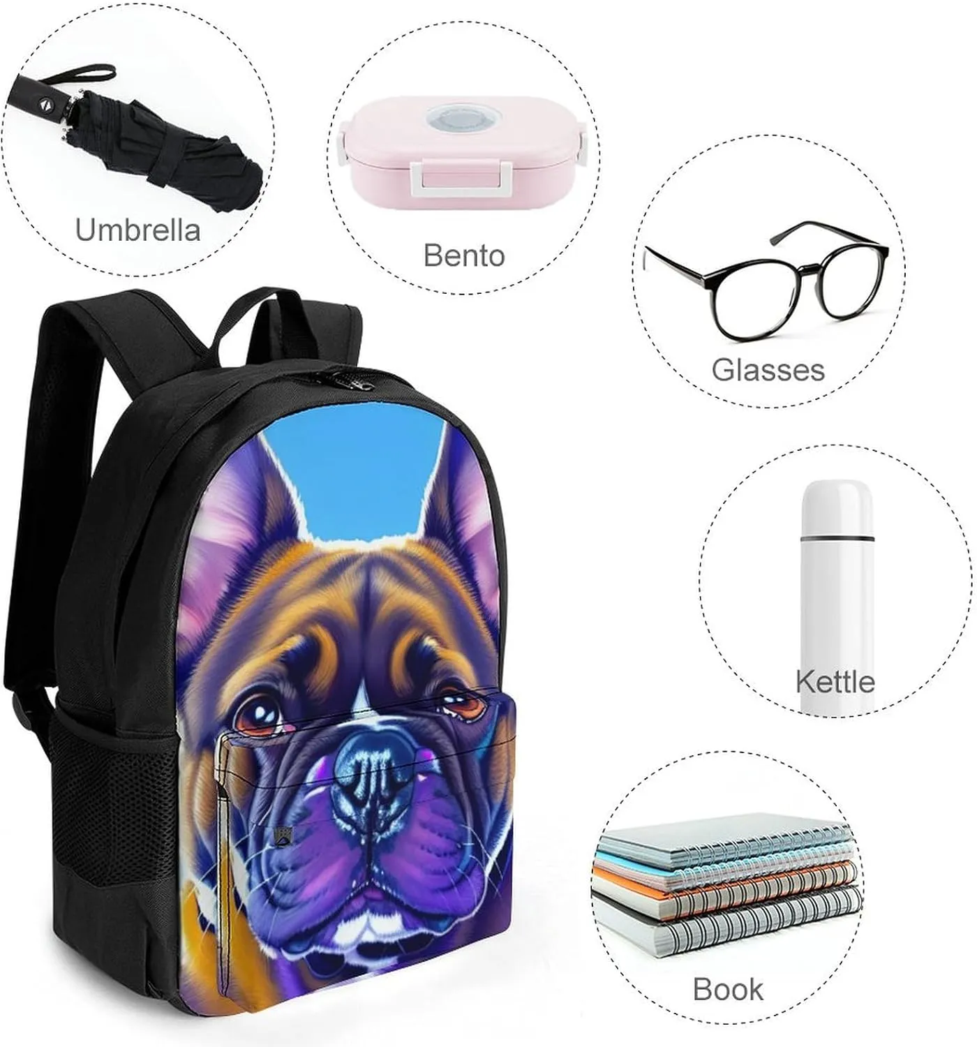 Polyester Daypack Backpack for Trekking Picnic Walking Cycling - Large Capacity Anti-Theft Multipurpose Shoulder Bag, French Bulldog Art Casual Daypack