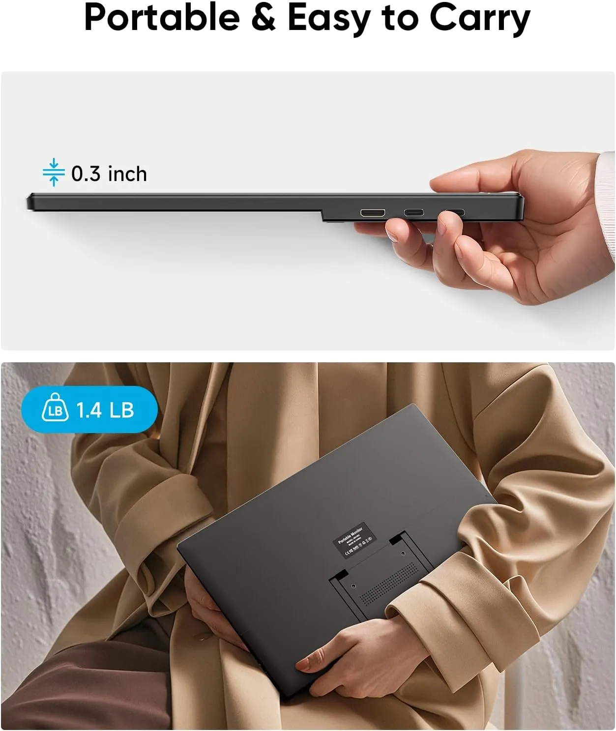 Portable Monitor, 15.6" FHD 1080P Travel Portable Monitor for Laptop, Ultra-Slim External Portable Screen for Laptop with Kickstand, Screen Extender for Laptop PC Mac Phone PS4/5 Xbox Switch