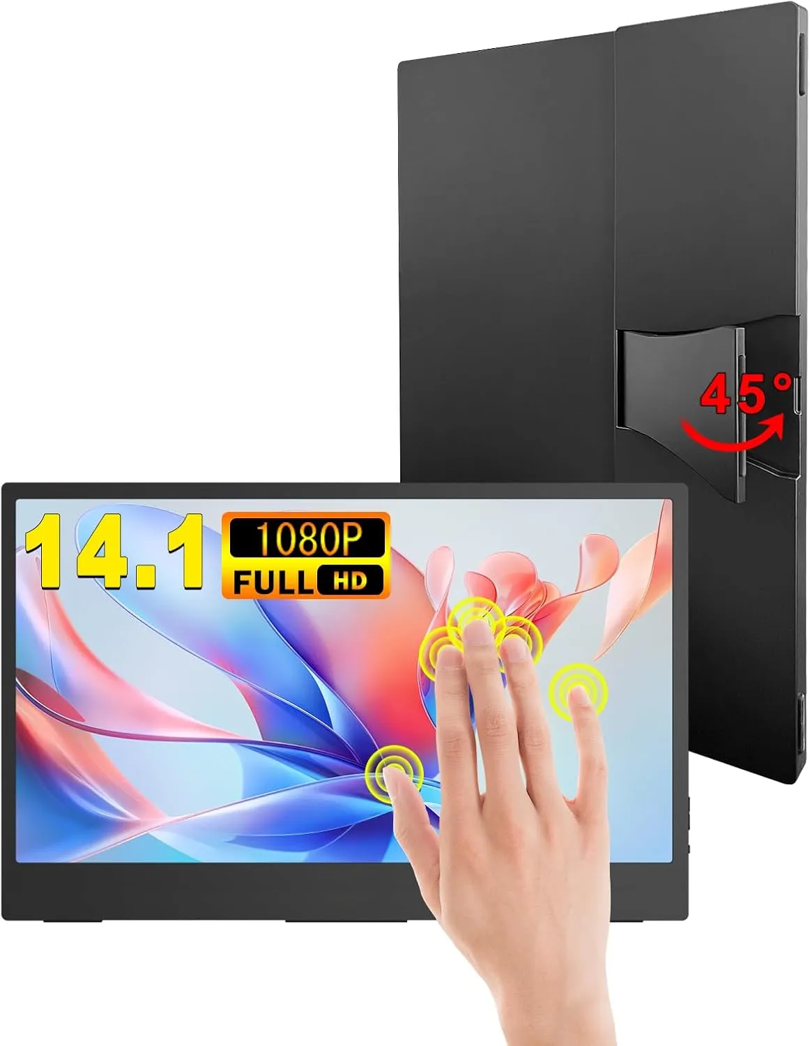 Portable Touchscreen, 14.1'' 1080P FHD IPS HDR Travel Monitor w/Kickstand & Dual Speakers, HDMI USB C Second External Monitor for Laptop/PC/Mac/Phone/Xbox Switch/PS4/5