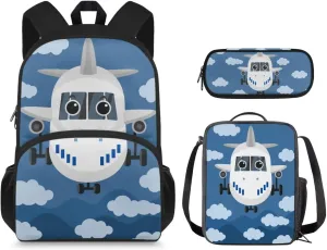 Preschool Backpack and Lunch Box Set Cartoon Aircraft Kids Backpack Boys 3st Grade, Boys School Bags Teen Bookbags Set School Backpack with Lunch Box and Pencil Case