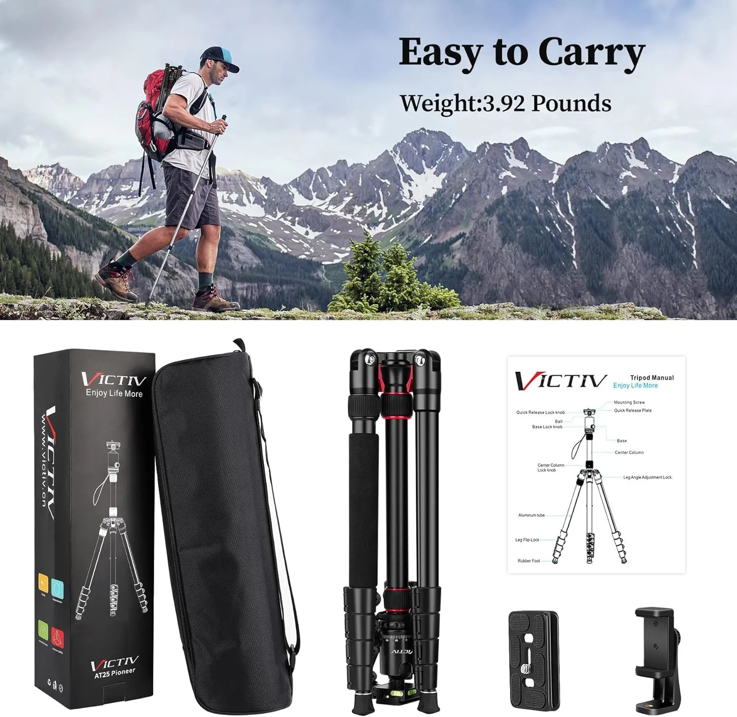 Professional Tripod for Camera, Victiv 81 inch Aluminium Compact Travel Camera Tripod Monopod Heavy Duty with Phone Mount, Compatible with Canon Nikon Sony