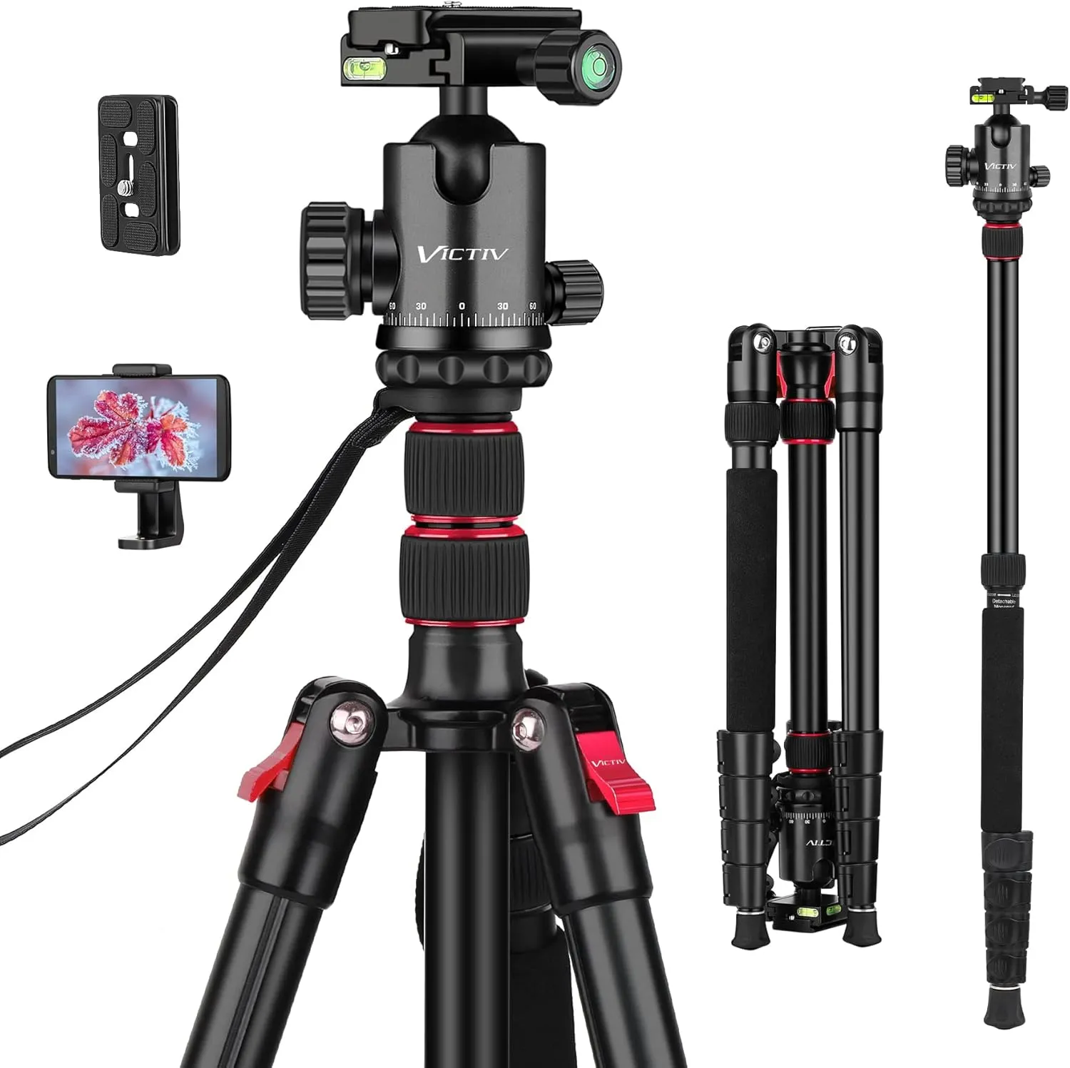 Professional Tripod for Camera, Victiv 81 inch Aluminium Compact Travel Camera Tripod Monopod Heavy Duty with Phone Mount, Compatible with Canon Nikon Sony