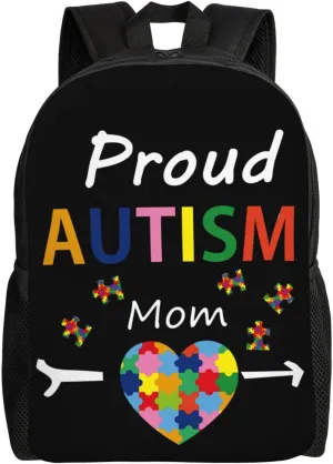 Proud Autism Mom Backpack for Women Men Worker Teacher Business Travel Backpacks Shoulders Bag Daypack Bookbag with Mesh Pockets