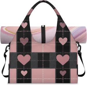 Purple black checkered heart shape Women's Yoga Gym Bag - Adjustable shoulder strap with shoe compartment, large gym bag with multiple pockets for yoga mat, gym equipment and travel accessories