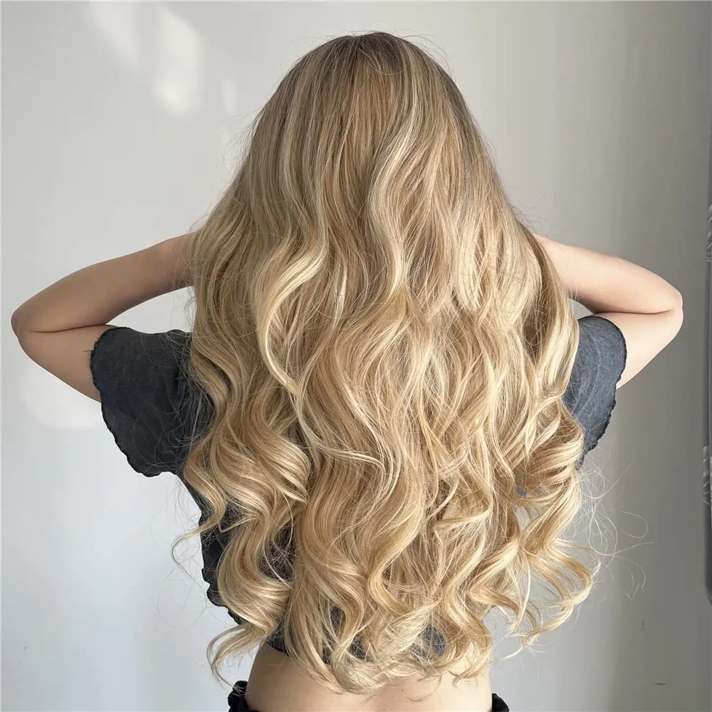 Qihang Ombre Blonde Wigs for Women Long Wavy Middle Part Blonde Wig Synthetic Wigs Heat Resistant Fiber Fluffy Wigs Daily Party 26 inch