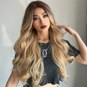 Qihang Ombre Blonde Wigs for Women Long Wavy Middle Part Blonde Wig Synthetic Wigs Heat Resistant Fiber Fluffy Wigs Daily Party 26 inch