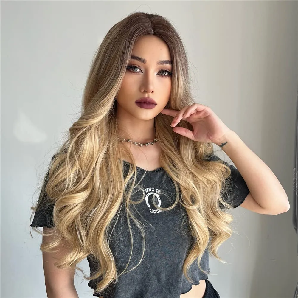 Qihang Ombre Blonde Wigs for Women Long Wavy Middle Part Blonde Wig Synthetic Wigs Heat Resistant Fiber Fluffy Wigs Daily Party 26 inch