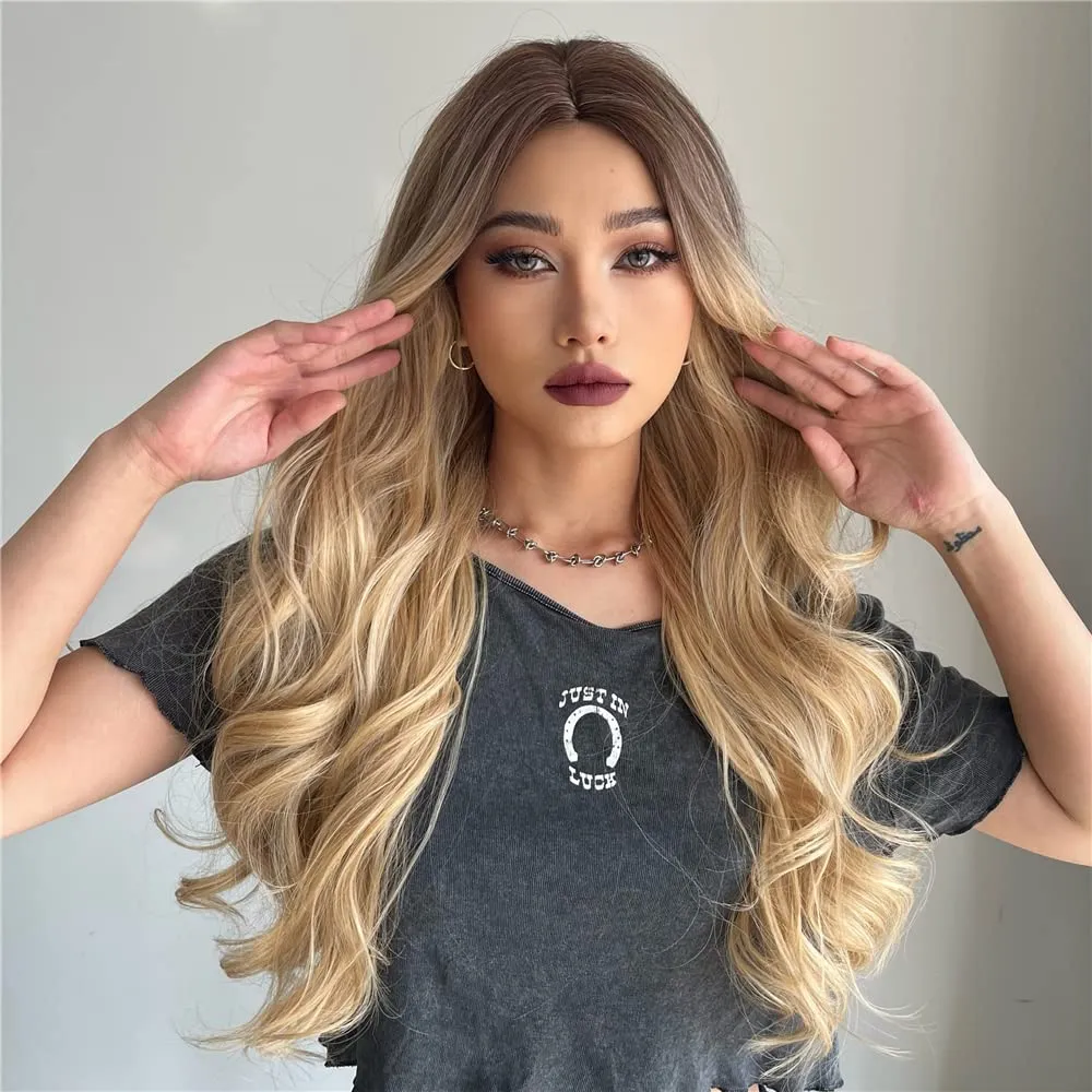 Qihang Ombre Blonde Wigs for Women Long Wavy Middle Part Blonde Wig Synthetic Wigs Heat Resistant Fiber Fluffy Wigs Daily Party 26 inch