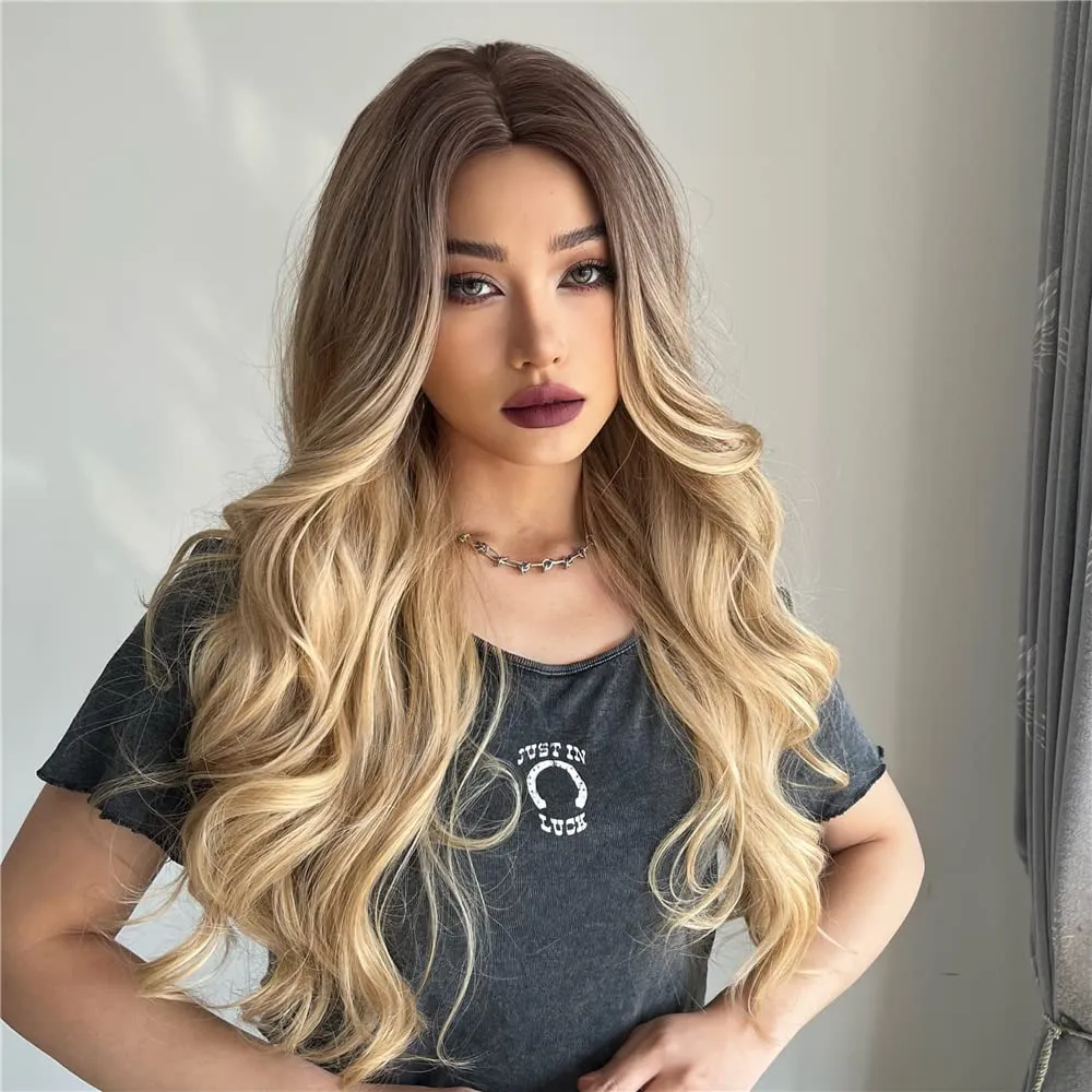Qihang Ombre Blonde Wigs for Women Long Wavy Middle Part Blonde Wig Synthetic Wigs Heat Resistant Fiber Fluffy Wigs Daily Party 26 inch