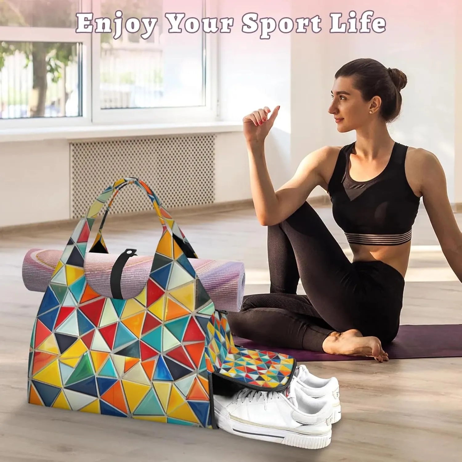 Rainbow Fragments Print Gym Bag Yoga Mat Tote for Women with Shoes Compartment Lightweight Duffle Travel Carrier Wet Dry Storage Pockets Adjustable Pilates Mats Shoulder Bags for Sport Swim