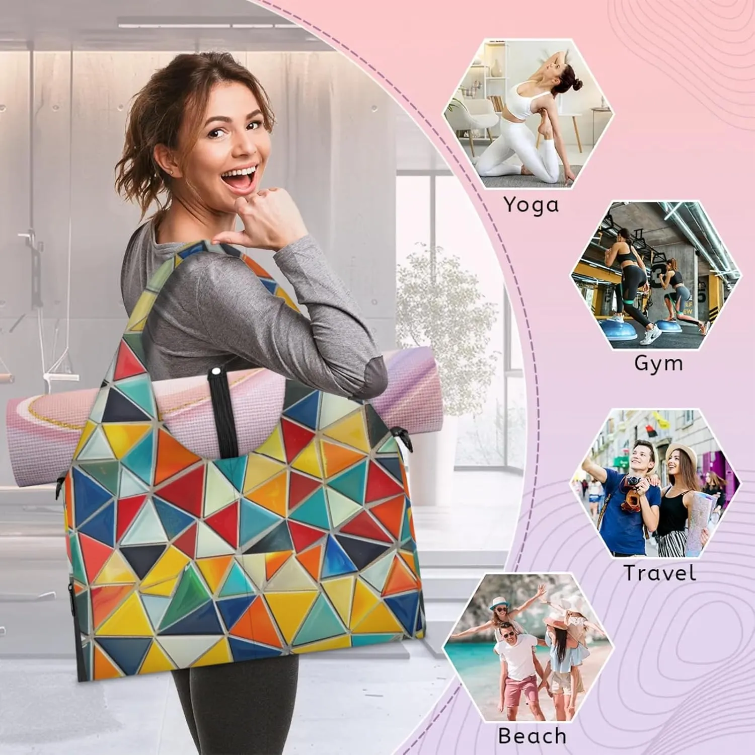 Rainbow Fragments Print Gym Bag Yoga Mat Tote for Women with Shoes Compartment Lightweight Duffle Travel Carrier Wet Dry Storage Pockets Adjustable Pilates Mats Shoulder Bags for Sport Swim