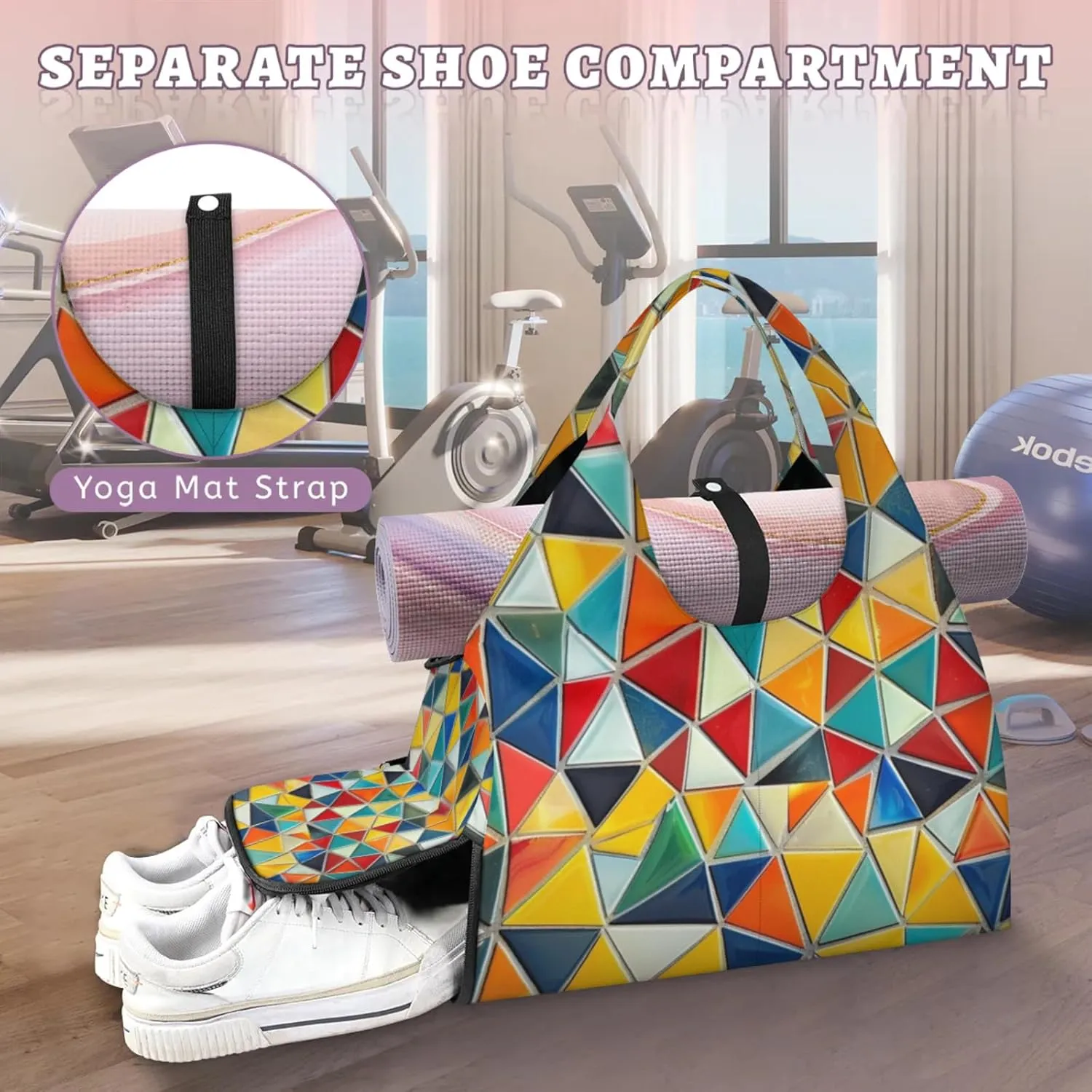 Rainbow Fragments Print Gym Bag Yoga Mat Tote for Women with Shoes Compartment Lightweight Duffle Travel Carrier Wet Dry Storage Pockets Adjustable Pilates Mats Shoulder Bags for Sport Swim