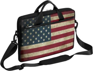 Retro Usa Flag Laptop Briefcase Messenger Bag Carrying Case for Men Women 4th of July Work Laptop Case Sleeve Computer Bag, Fits Laptop 14-15.6 Inch