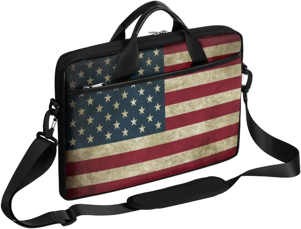 Retro Usa Flag Laptop Briefcase Messenger Bag Carrying Case for Men Women 4th of July Work Laptop Case Sleeve Computer Bag, Fits Laptop 14-15.6 Inch