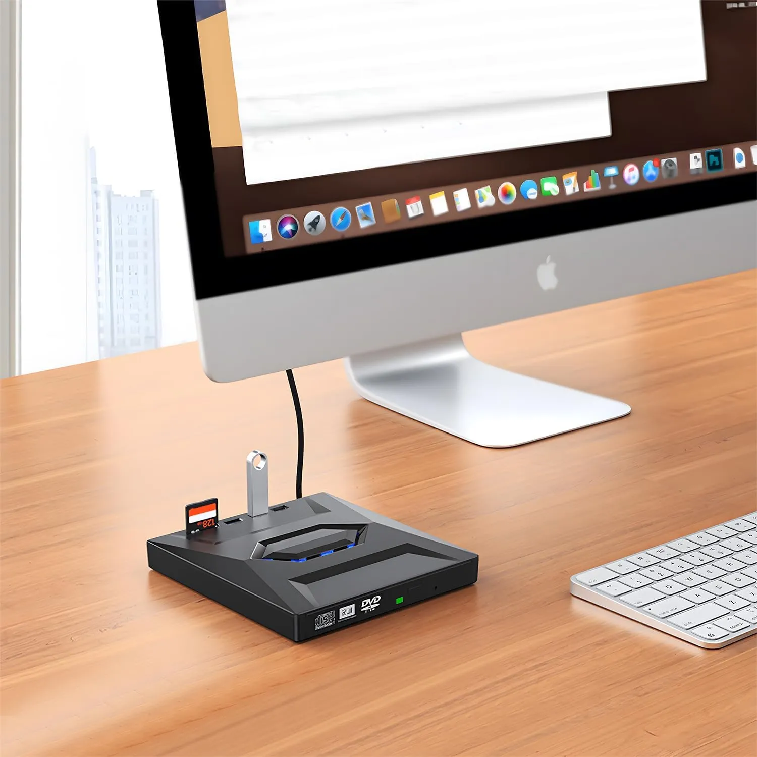 ROOFULL External CD DVD Drive USB 3.0 & USB-C CD ROM Burner DVD Player with USB Hub and SD Card Reader, Portable CD DVD  /-RW Optical Disk Drive Writer for Laptop PC Windows 11/10, Mac, Linux Computer