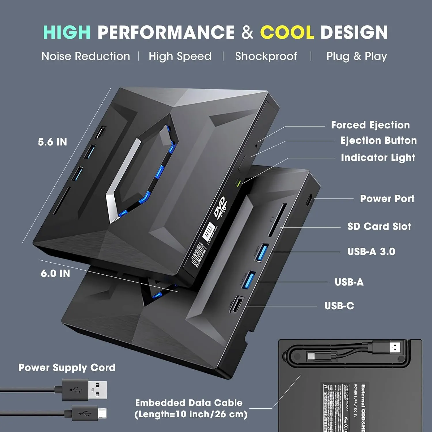 ROOFULL External CD DVD Drive USB 3.0 & USB-C CD ROM Burner DVD Player with USB Hub and SD Card Reader, Portable CD DVD  /-RW Optical Disk Drive Writer for Laptop PC Windows 11/10, Mac, Linux Computer