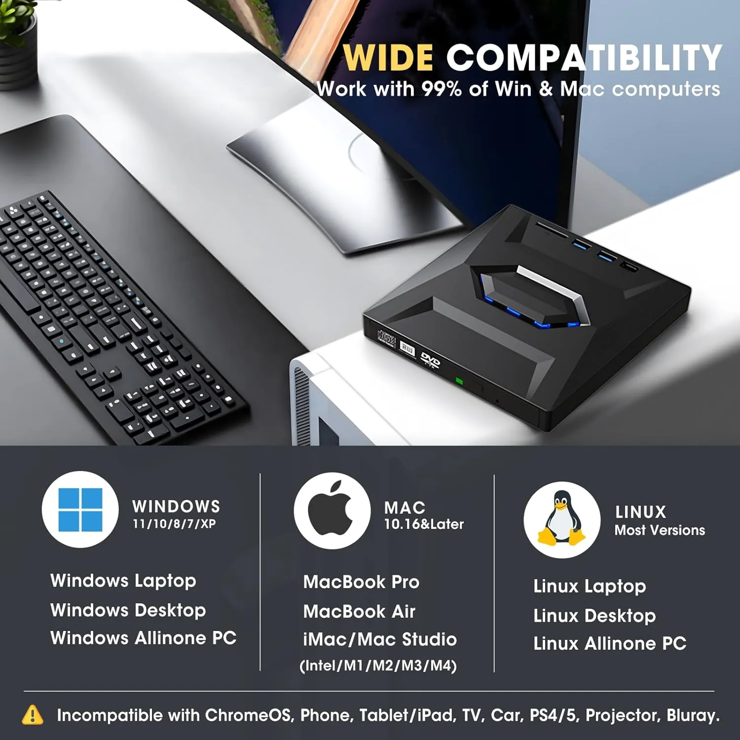 ROOFULL External CD DVD Drive USB 3.0 & USB-C CD ROM Burner DVD Player with USB Hub and SD Card Reader, Portable CD DVD  /-RW Optical Disk Drive Writer for Laptop PC Windows 11/10, Mac, Linux Computer