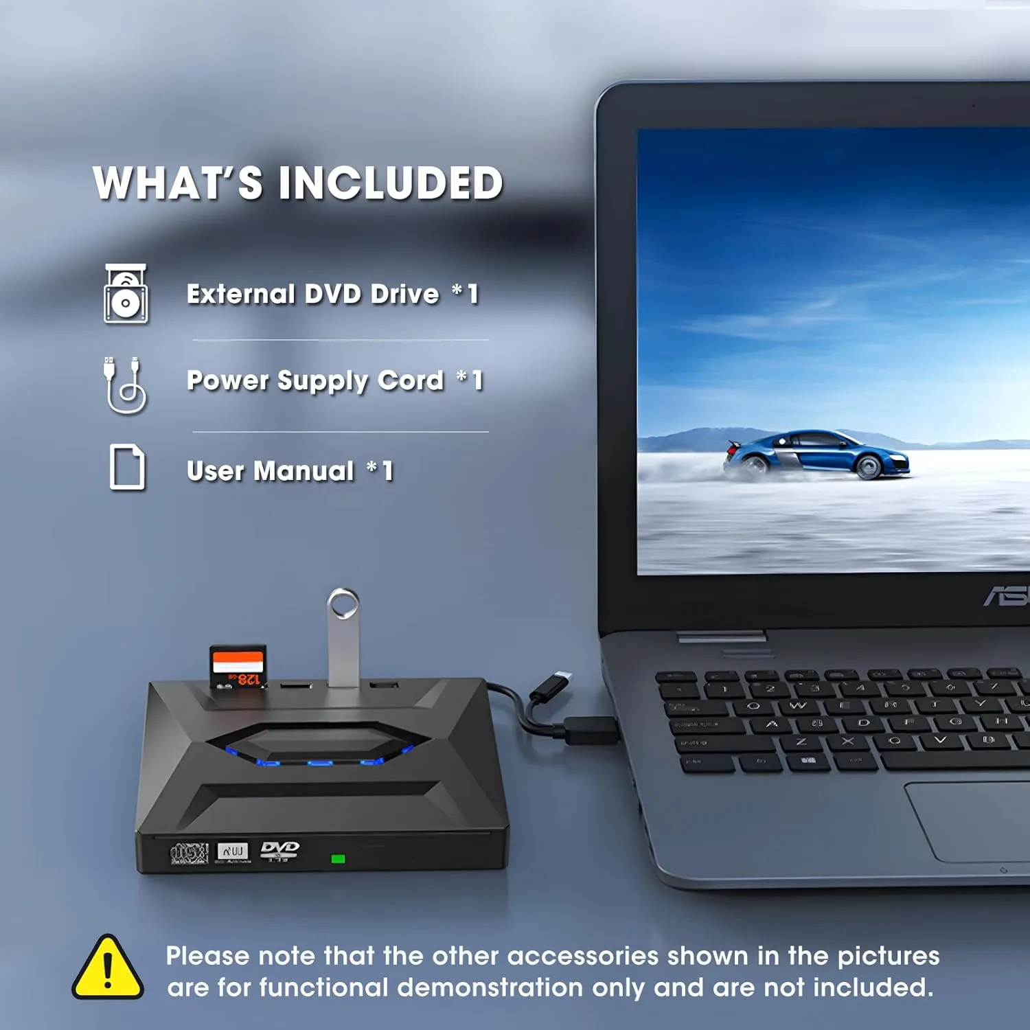 ROOFULL External CD DVD Drive USB 3.0 & USB-C CD ROM Burner DVD Player with USB Hub and SD Card Reader, Portable CD DVD  /-RW Optical Disk Drive Writer for Laptop PC Windows 11/10, Mac, Linux Computer