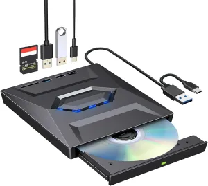 ROOFULL External CD DVD Drive USB 3.0 & USB-C CD ROM Burner DVD Player with USB Hub and SD Card Reader, Portable CD DVD  /-RW Optical Disk Drive Writer for Laptop PC Windows 11/10, Mac, Linux Computer