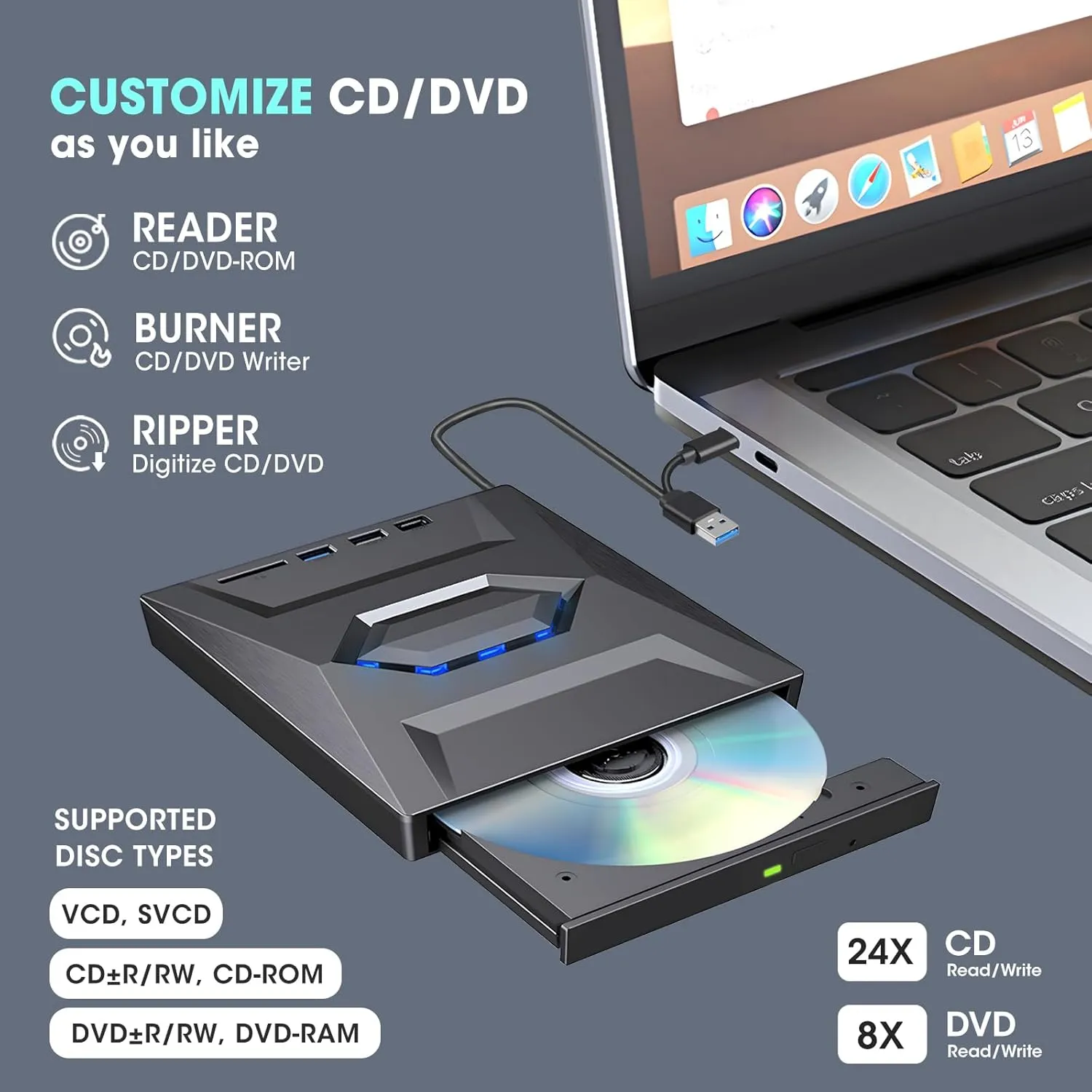 ROOFULL External CD DVD Drive USB 3.0 & USB-C CD ROM Burner DVD Player with USB Hub and SD Card Reader, Portable CD DVD  /-RW Optical Disk Drive Writer for Laptop PC Windows 11/10, Mac, Linux Computer