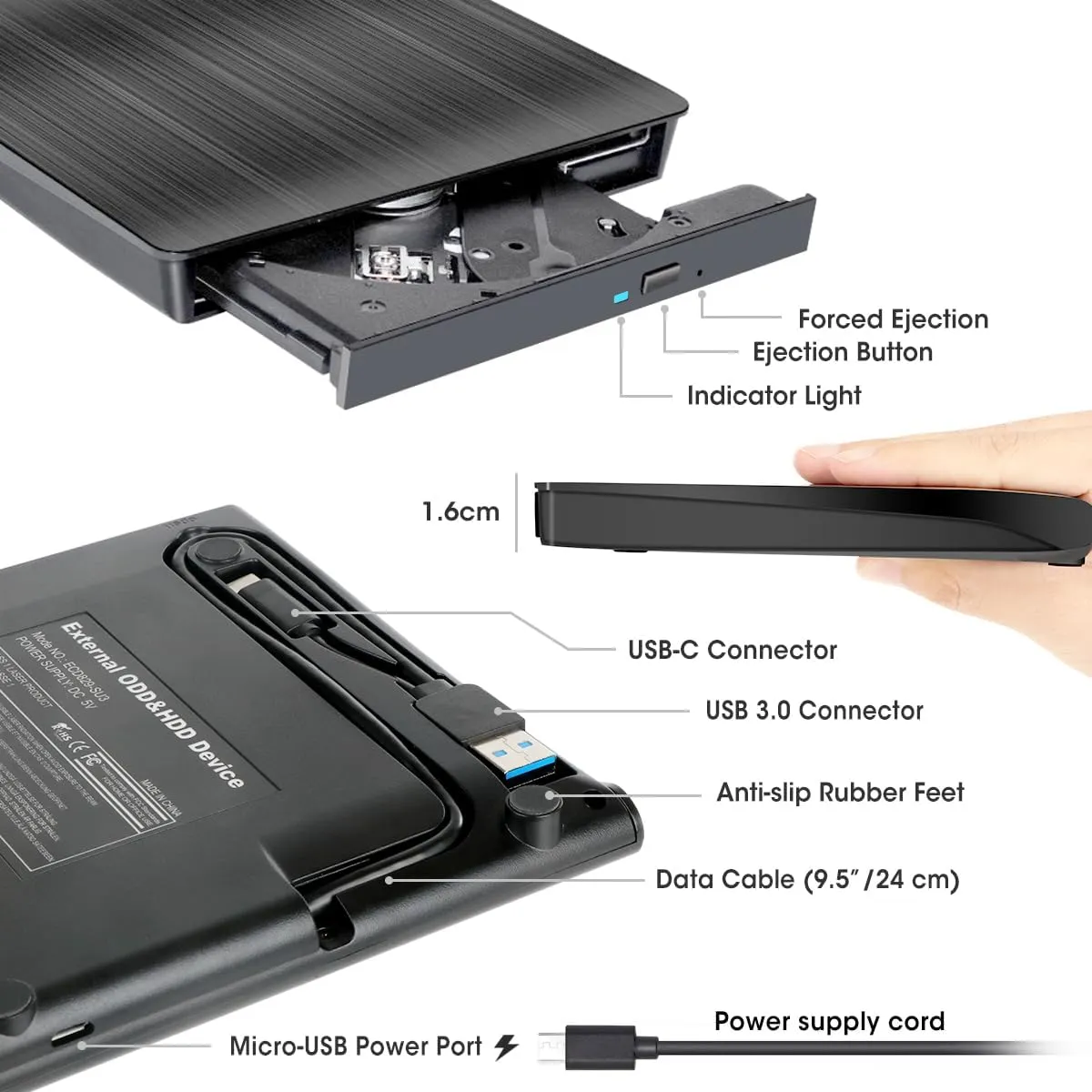 ROOFULL External CD DVD Drive USB 3.0 Type-C Portable CD/DVD-ROM  /-RW Read/Write Disc Drive CD Reader Burner DVD Player for Laptop PC Windows 11/10 Computer Mac MacBook Linux with Carrying Case