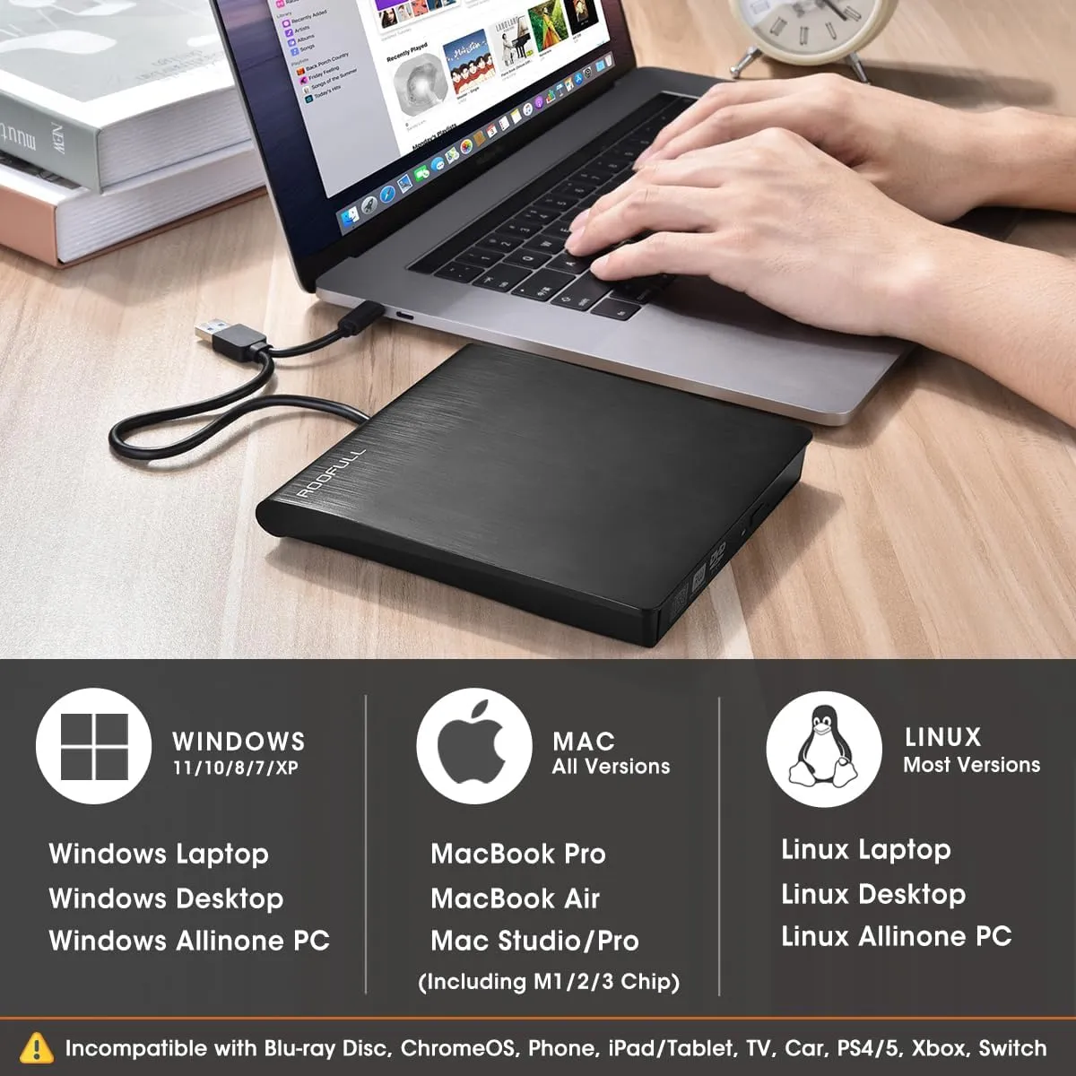 ROOFULL External CD DVD Drive USB 3.0 Type-C Portable CD/DVD-ROM  /-RW Read/Write Disc Drive CD Reader Burner DVD Player for Laptop PC Windows 11/10 Computer Mac MacBook Linux with Carrying Case