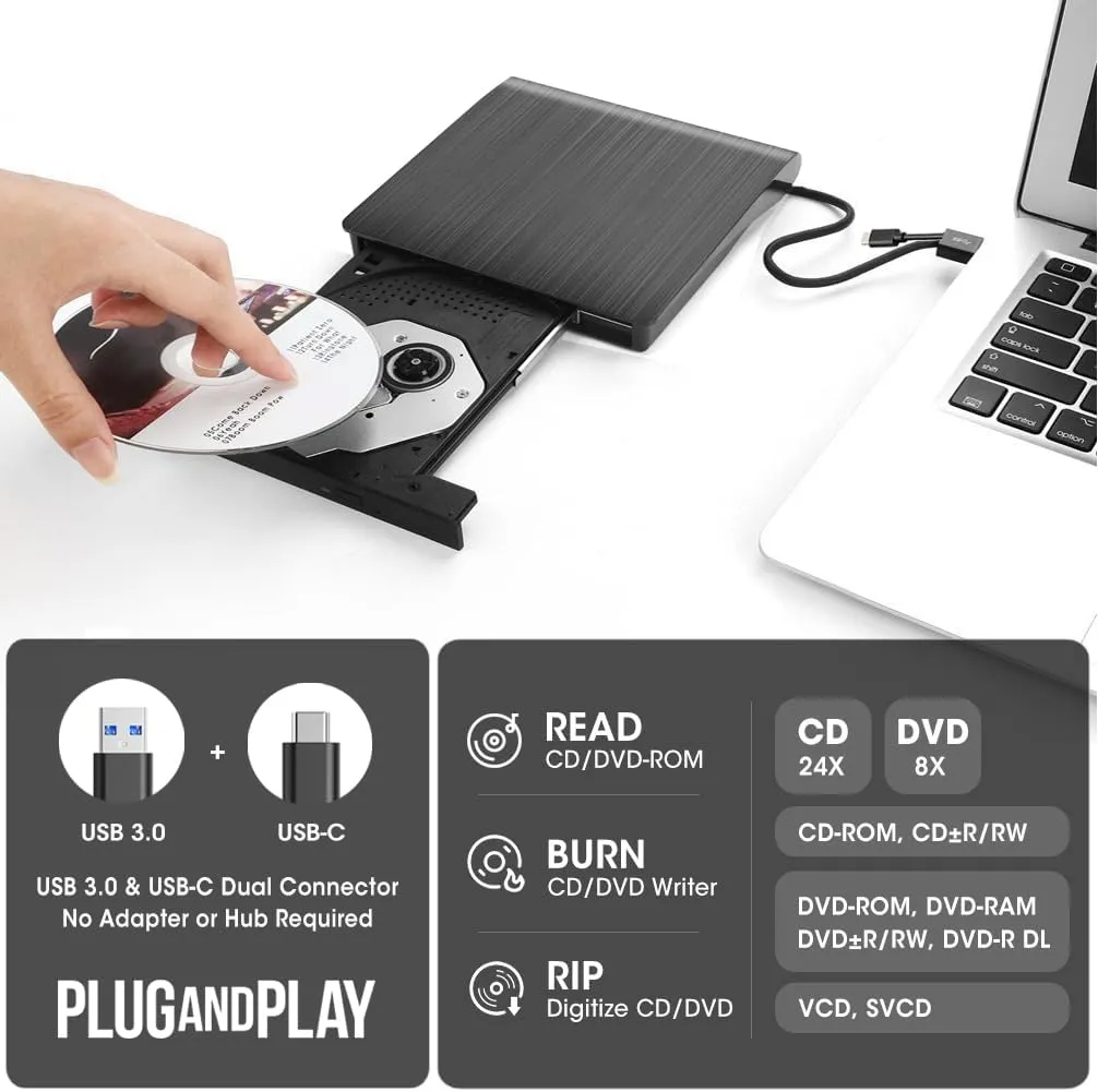 ROOFULL External CD DVD Drive USB 3.0 Type-C Portable CD/DVD-ROM  /-RW Read/Write Disc Drive CD Reader Burner DVD Player for Laptop PC Windows 11/10 Computer Mac MacBook Linux with Carrying Case