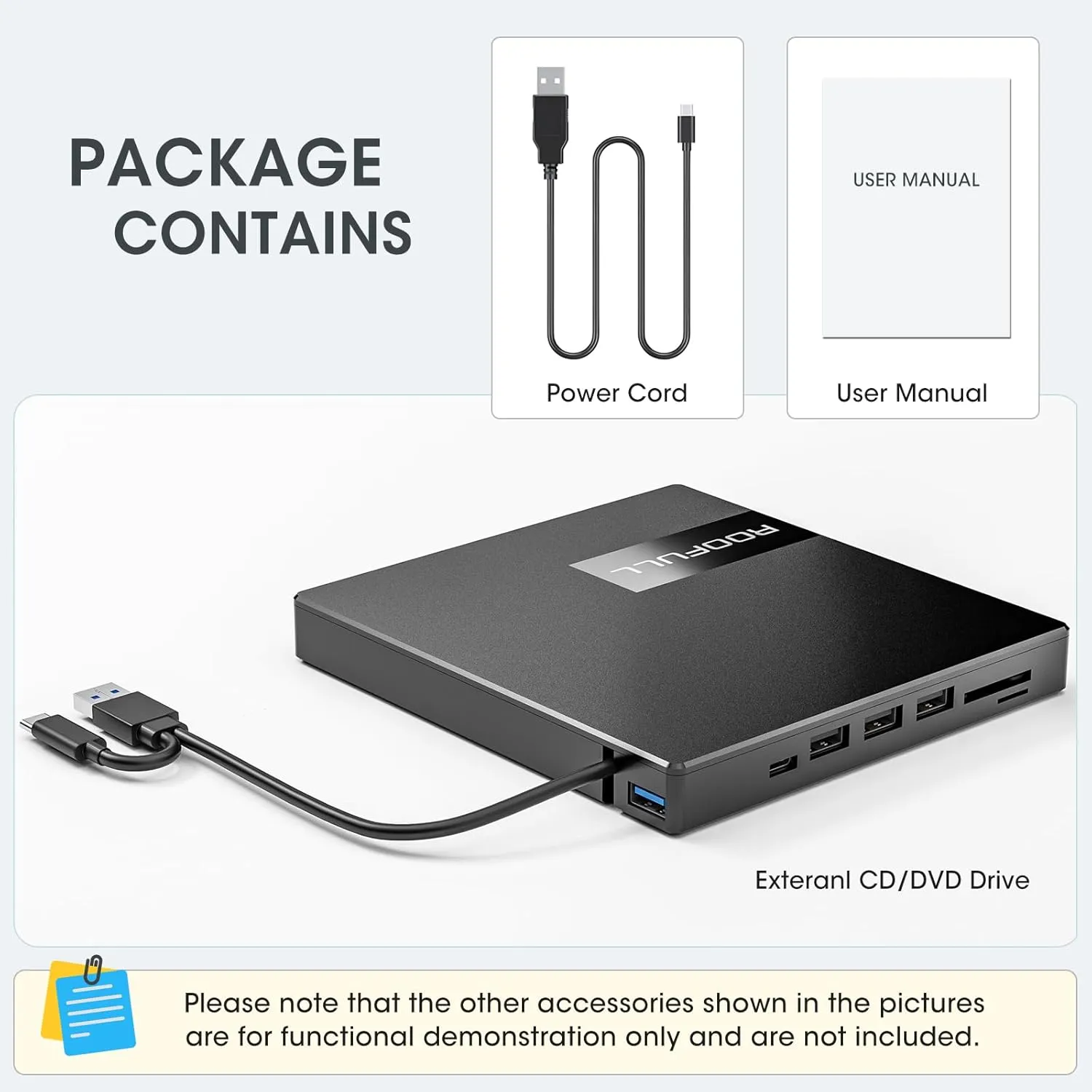 ROOFULL External CD DVD Drive USB 3.0 USB-C with 4*USB Ports and SD/TF Card Slot, Portable CD DVD Player Burner Optical Disc ROM/RW Reader Writer for Laptop PC Apple Mac Windows 11/10 Linux Computer