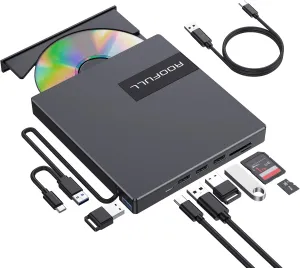 ROOFULL External CD DVD Drive USB 3.0 USB-C with 4*USB Ports and SD/TF Card Slot, Portable CD DVD Player Burner Optical Disc ROM/RW Reader Writer for Laptop PC Apple Mac Windows 11/10 Linux Computer