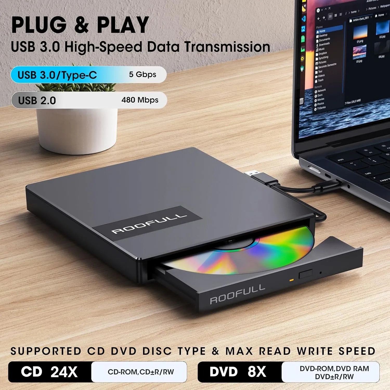 ROOFULL External CD DVD Drive USB 3.0 USB-C with 4*USB Ports and SD/TF Card Slot, Portable CD DVD Player Burner Optical Disc ROM/RW Reader Writer for Laptop PC Apple Mac Windows 11/10 Linux Computer