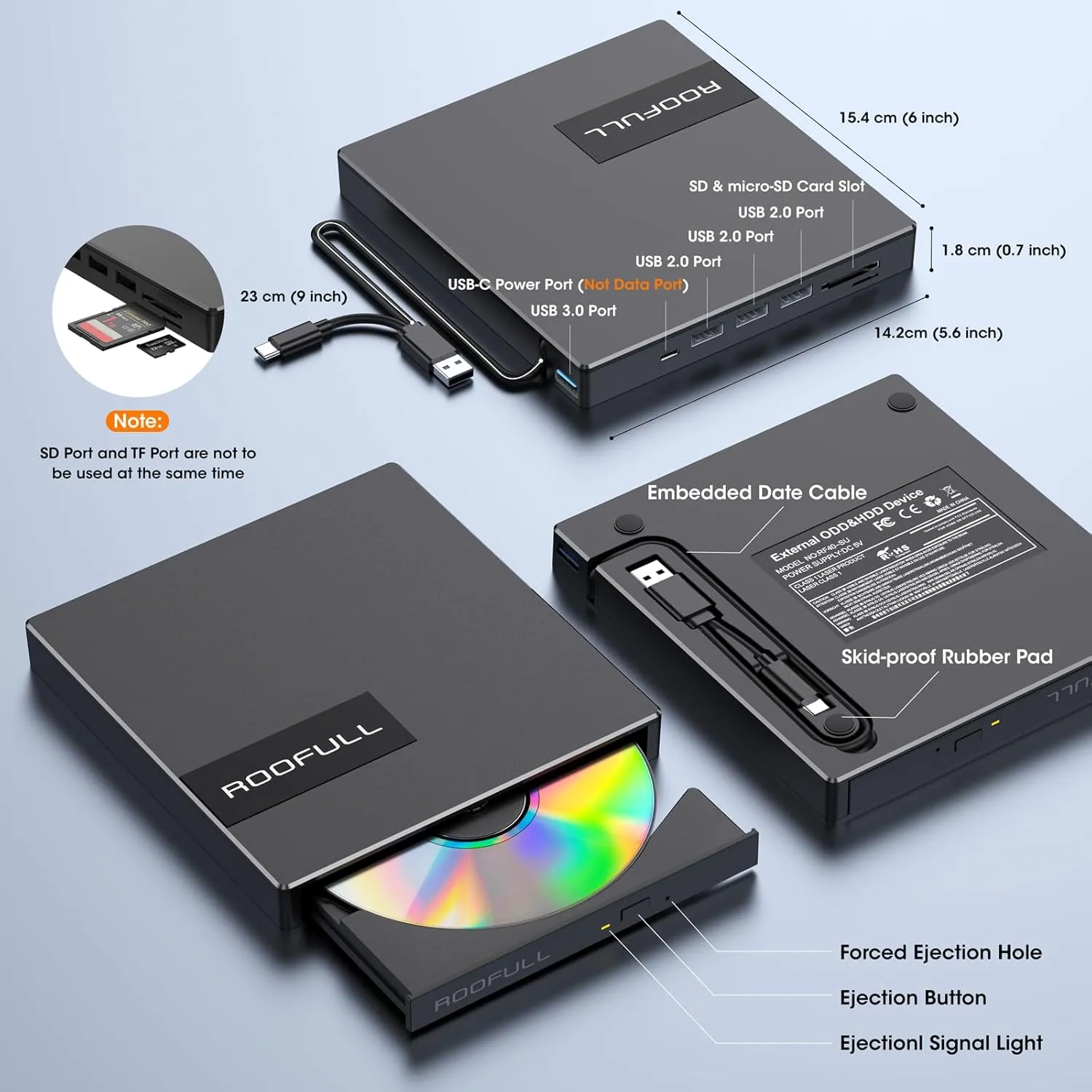 ROOFULL External CD DVD Drive USB 3.0 USB-C with 4*USB Ports and SD/TF Card Slot, Portable CD DVD Player Burner Optical Disc ROM/RW Reader Writer for Laptop PC Apple Mac Windows 11/10 Linux Computer