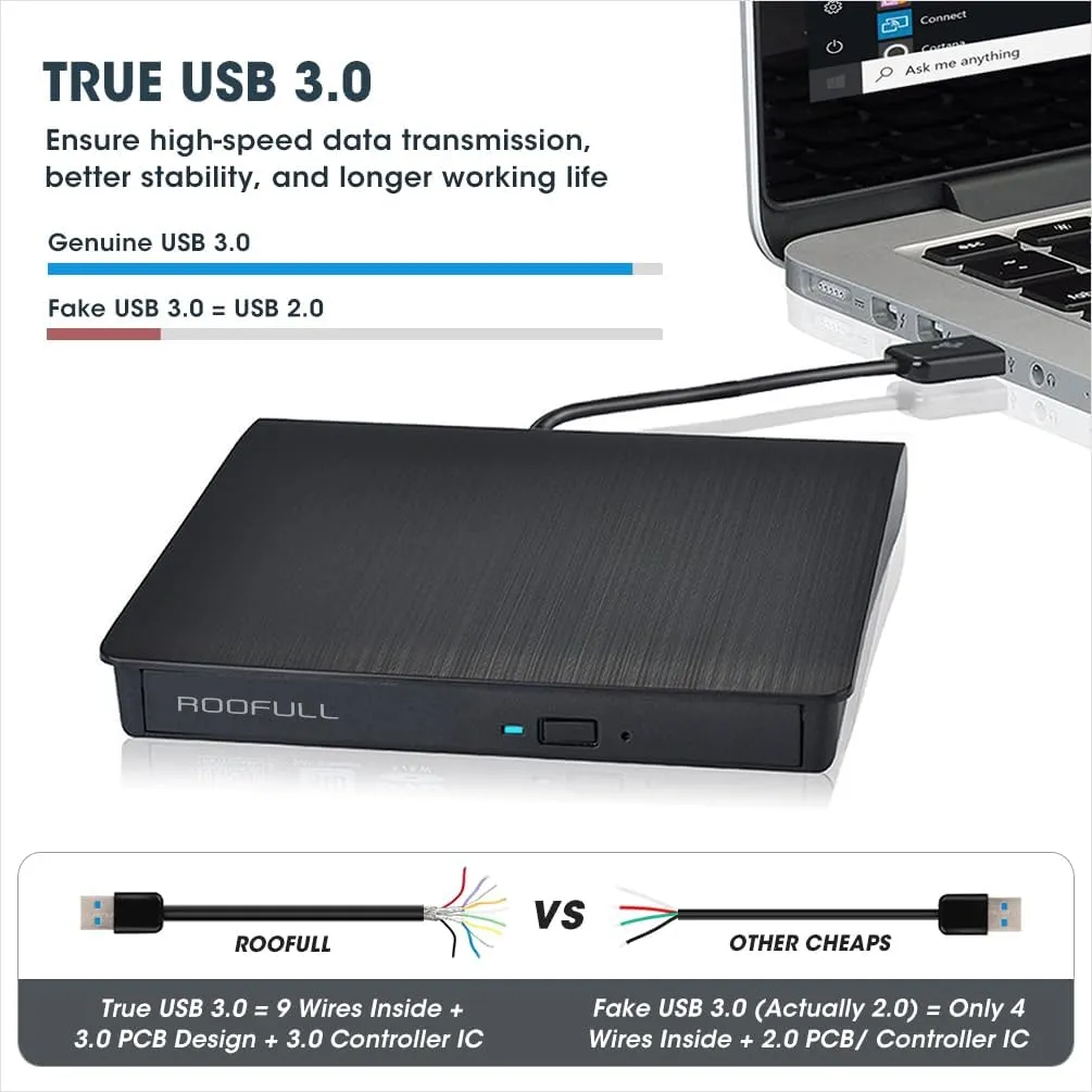 ROOFULL External CD DVD  /-RW Drive for Laptop, True USB 3.0 DVD CD ROM Disc Reader Player Burner Writer Adapter Portable Optical Disk Drive for PC Windows 11/10 Mac Linux Computer Desktop