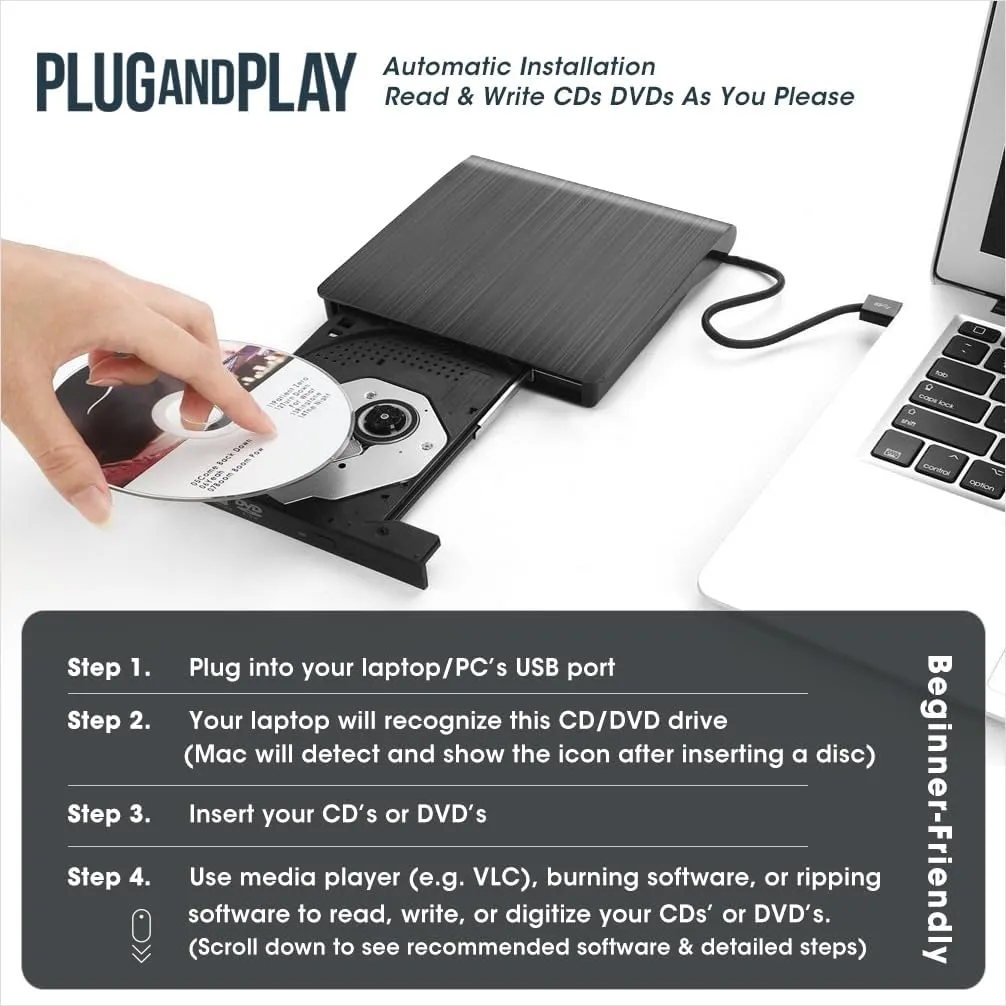 ROOFULL External CD DVD  /-RW Drive for Laptop, True USB 3.0 DVD CD ROM Disc Reader Player Burner Writer Adapter Portable Optical Disk Drive for PC Windows 11/10 Mac Linux Computer Desktop
