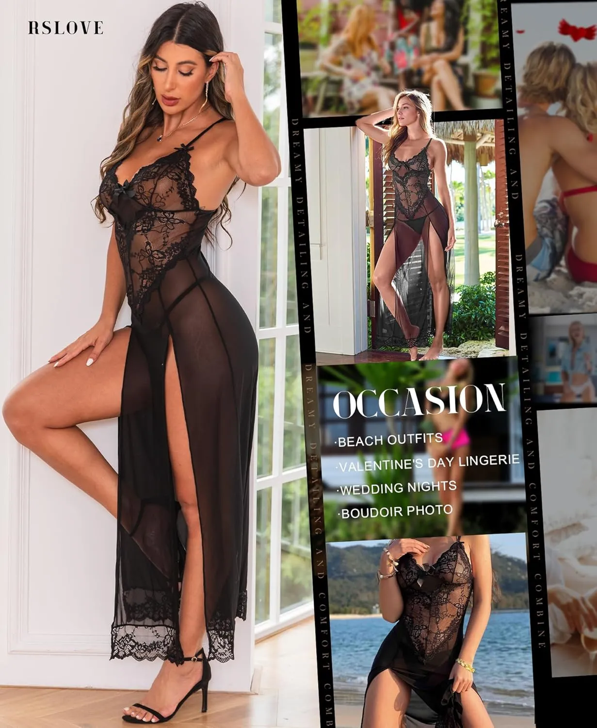 RSLOVE Women Lingerie Babydoll Sexy Nightgown Lace Chemise Exotic Sleepwear Nighty