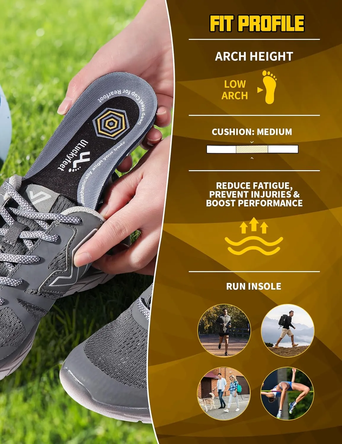 Running Insoles for Men Women & Plantar Fasciitis Relief Shoe Insoles, Extra Shock Absorption Boosts Sports Performance & Arch Support Inserts for Reduce Fatigue -Low Arch Running Shoe Inserts-E