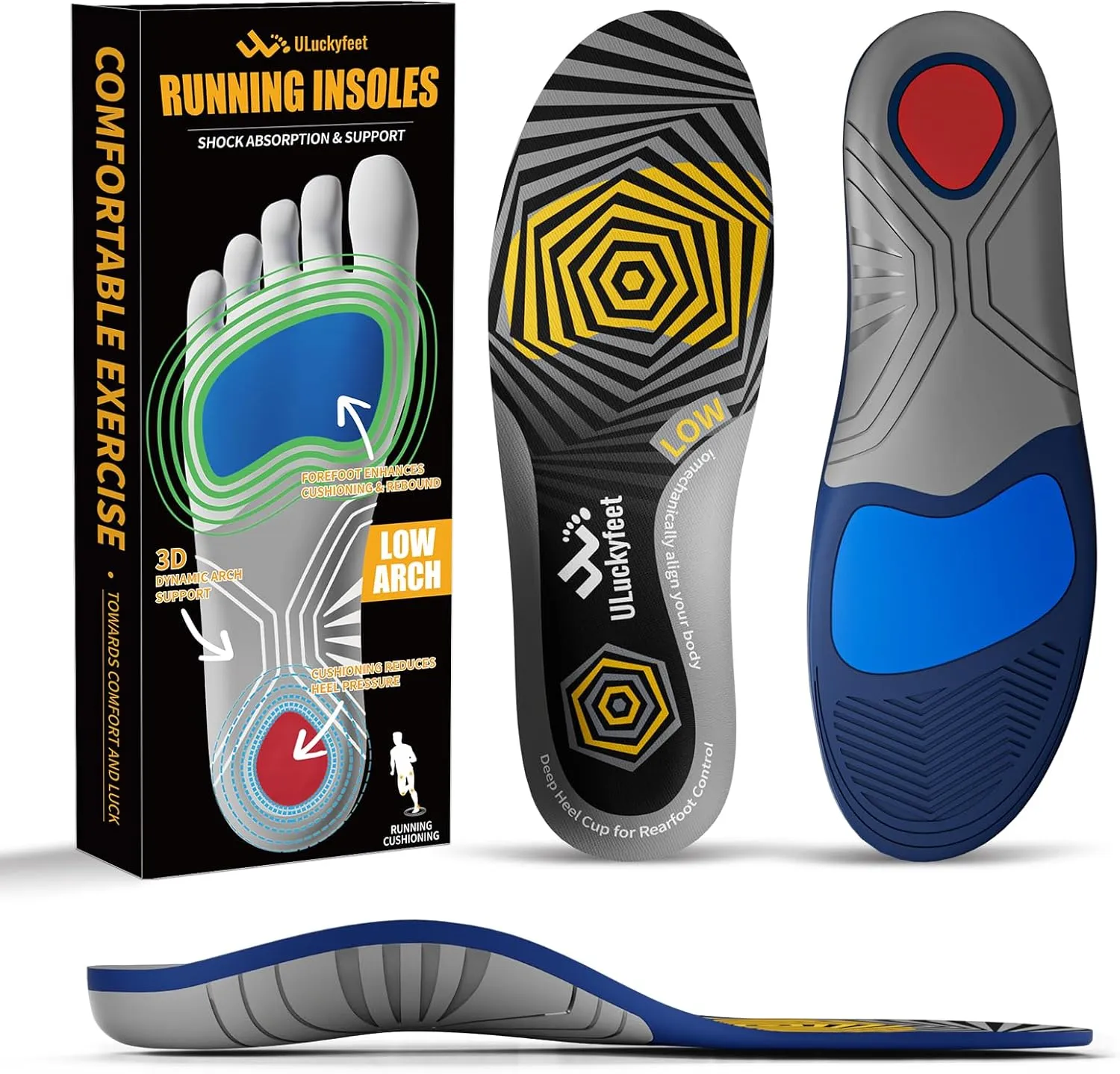 Running Insoles for Men Women & Plantar Fasciitis Relief Shoe Insoles, Extra Shock Absorption Boosts Sports Performance & Arch Support Inserts for Reduce Fatigue -Low Arch Running Shoe Inserts-E