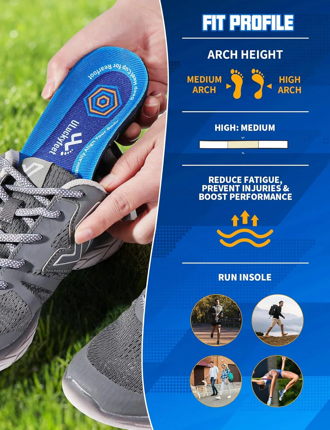Running Insoles for Men Women & Plantar Fasciitis Relief Shoe Insoles,Extra Shock Absorption Boosts Sports Performance,Arch Support Inserts for Reduce Fatigue -Running Shoe Inserts Medium-High Arch-F