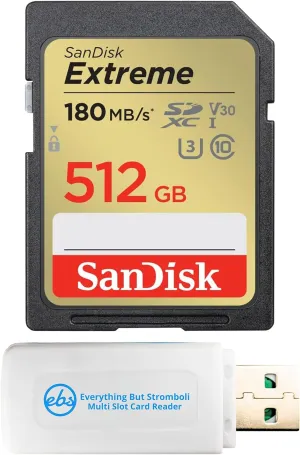 SanDisk 512GB Extreme V30 Class 10 Memory Card Supports 4K Video Recording and Sequential Burst Mode Photography (SDSDXVV-512G-GNCIN) Bundle with 1 Everything But Stromboli SDXC Card Reader