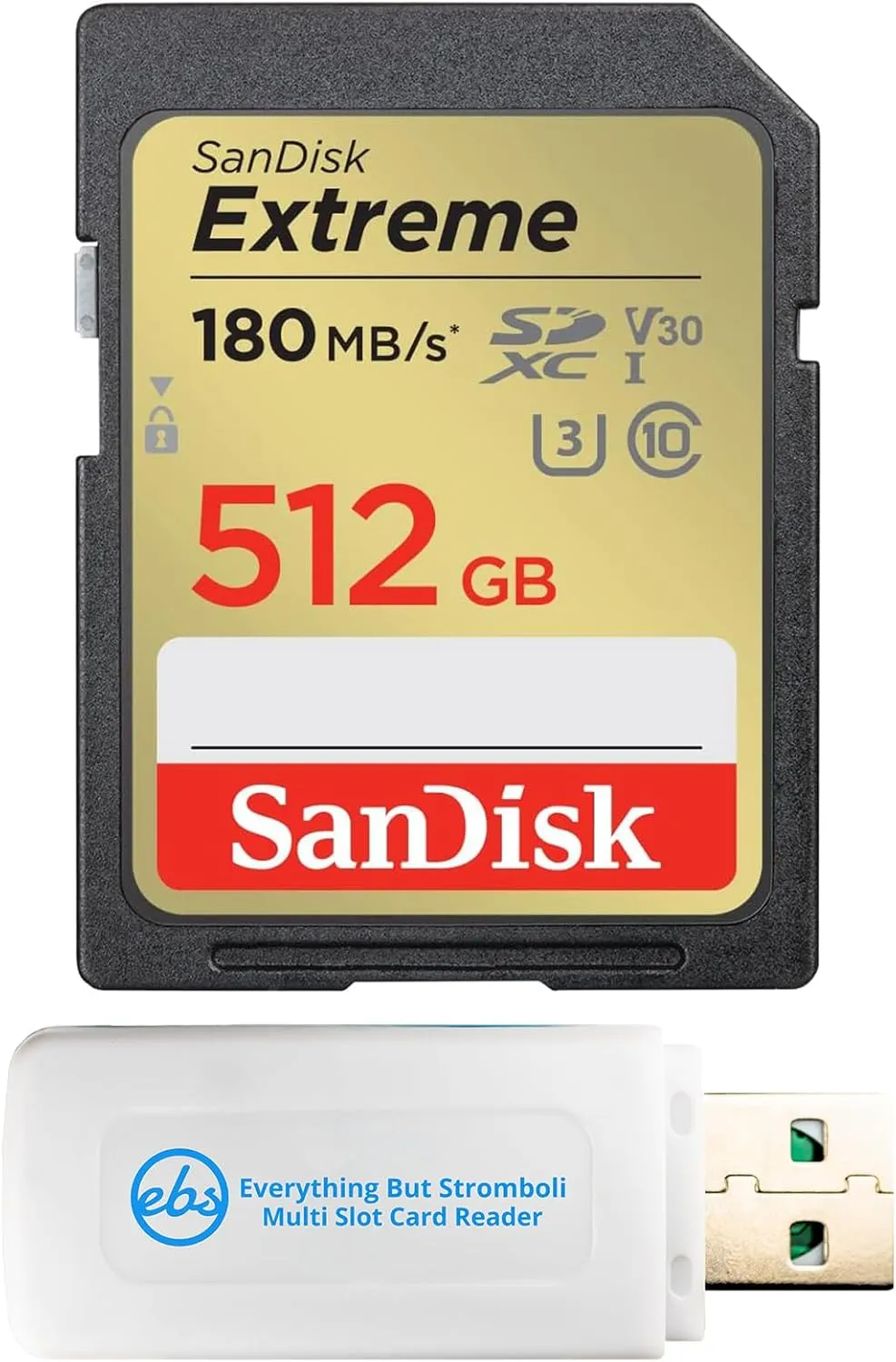 SanDisk 512GB Extreme V30 Class 10 Memory Card Supports 4K Video Recording and Sequential Burst Mode Photography (SDSDXVV-512G-GNCIN) Bundle with 1 Everything But Stromboli SDXC Card Reader